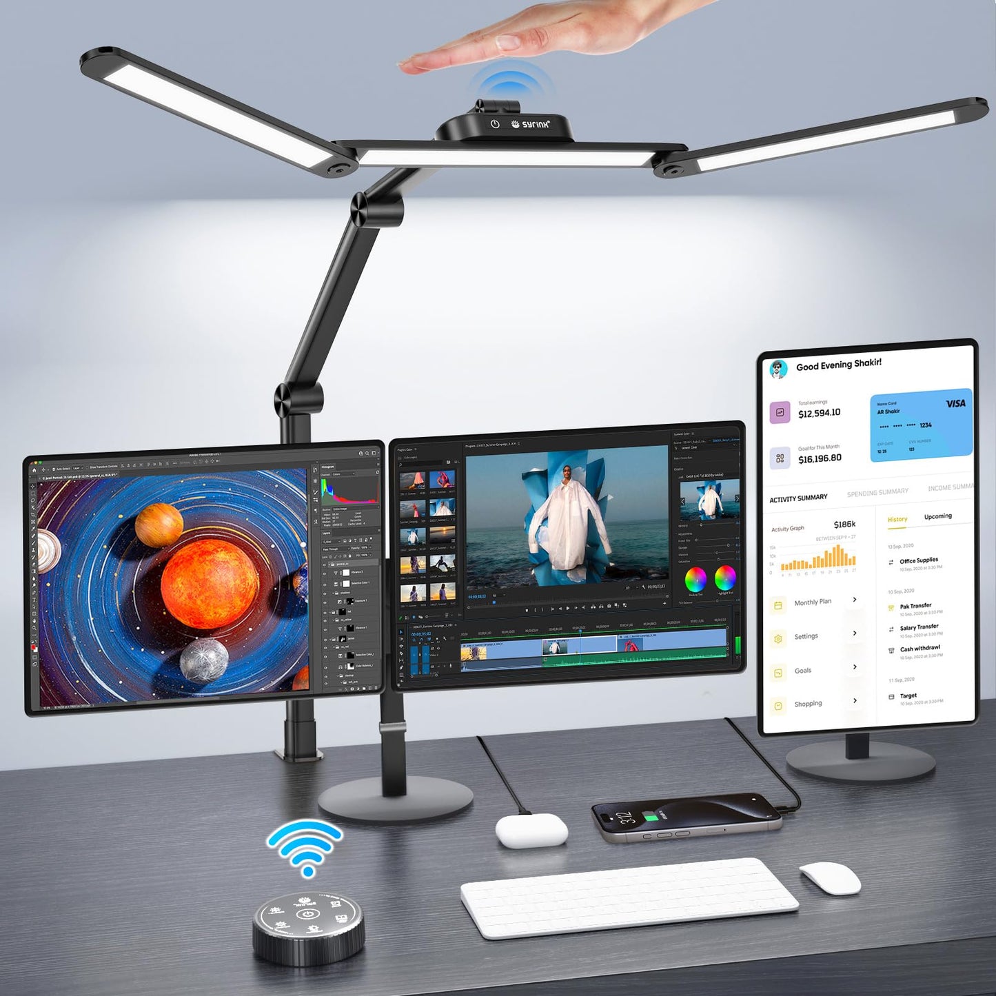 Syrinx LED Desk Lamp, Architect Desk Lamps Home Office with Gesture Switch & Remote Control, 24W Bright Desk Light with 50 Light Modes Eye-Caring Desk Lamp with Clamp for Reading Study Workbench