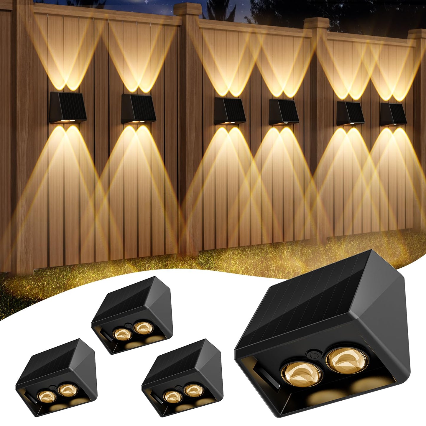 Quntis RGBCW Solar Lights Outdoor Up/Down Lighting, 4 Pack 13 Color Mode Fence Lights Solar Powered, IP65 Waterproof Solar Deck Light, Dusk to Dawn Solar Lights for Outside Patio Yard Garden Porch
