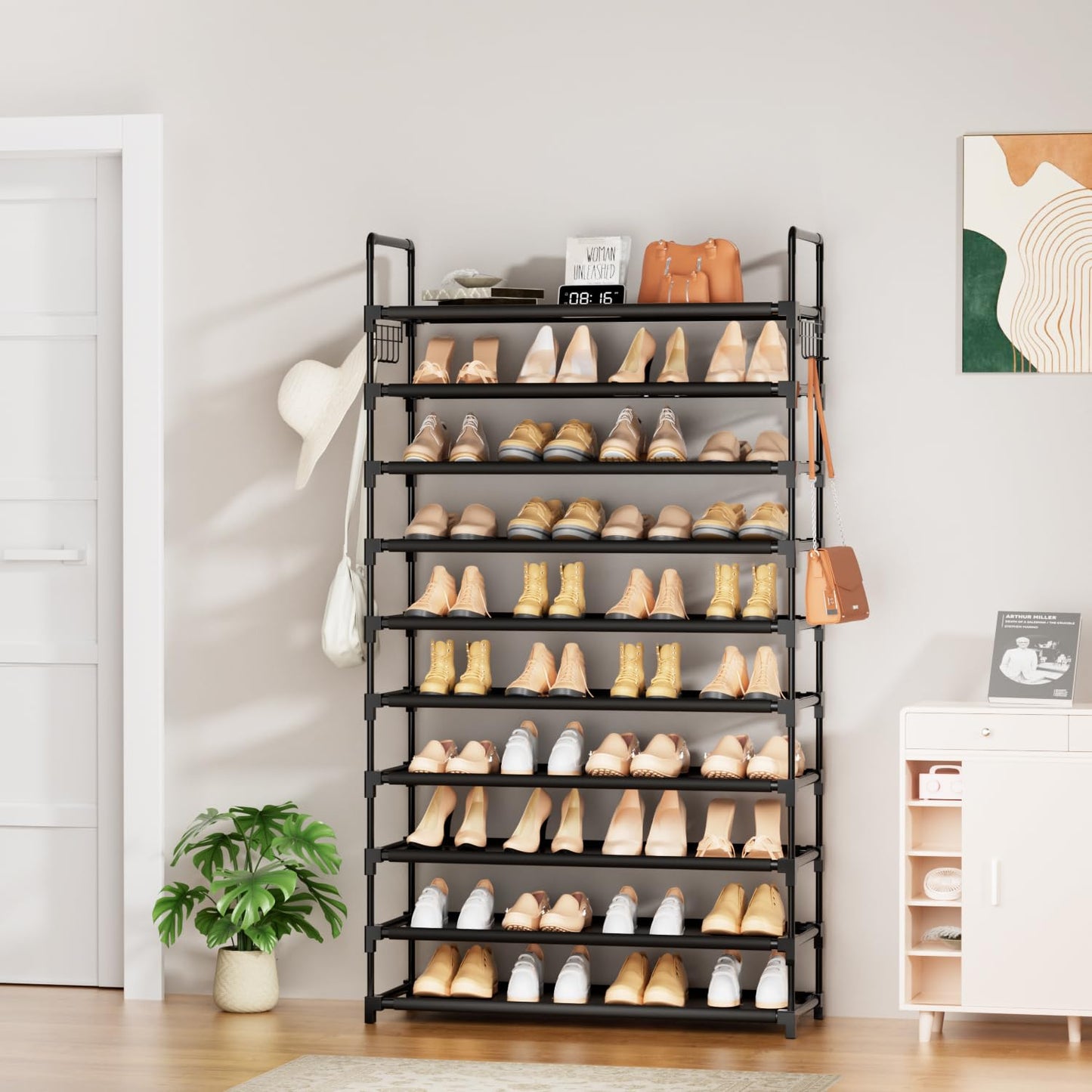 10 Tier Shoe Rack, Large Capacity Tall Shoe Storage Organizer Holds 50-55 Pairs Shoes and Boots, Vertical Shoe Shelf Cabinet with Versatile Hooks for Closet Entryway Garage Bedroom