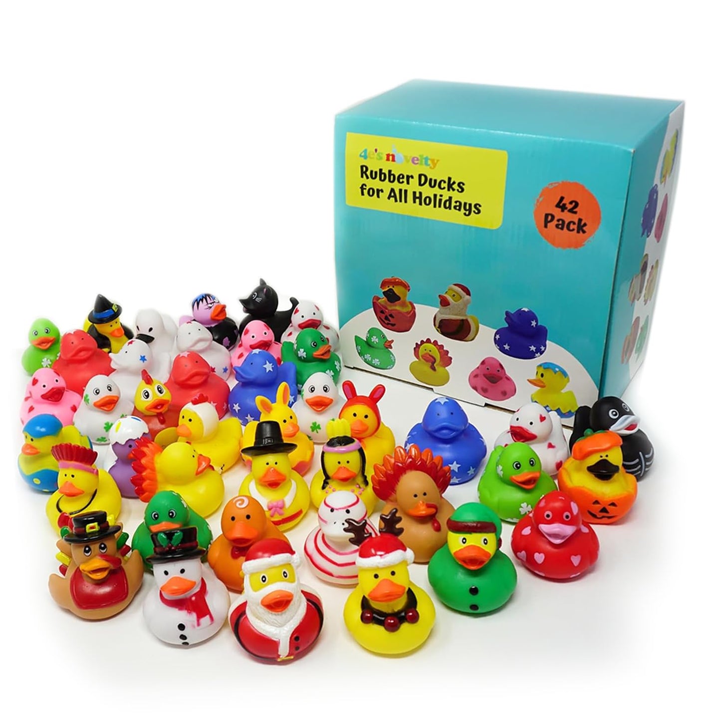 4E's Novelty Rubber Ducks for All Holidays, Bulk Pack of 42 - Includes 6 of Each Holiday, Valentines Day Rubber Ducks, Easter Duckies, Bath Toys for Kids, Gift for Jeep Owners, Jeep Ducking