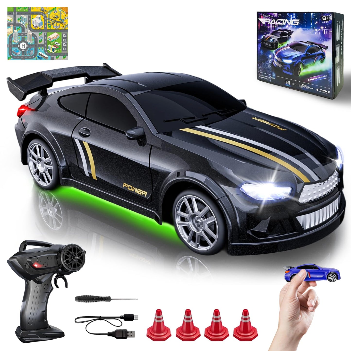 Mini RC Drift Car 1:64 Scale, Remote Control Car with LED Lights & 2-Speed Modes, 2.4GHz Stunt Drifting RC Toys with 4 Obstacles & Track Mat, Hobby Gift for Kids & Adults, Black