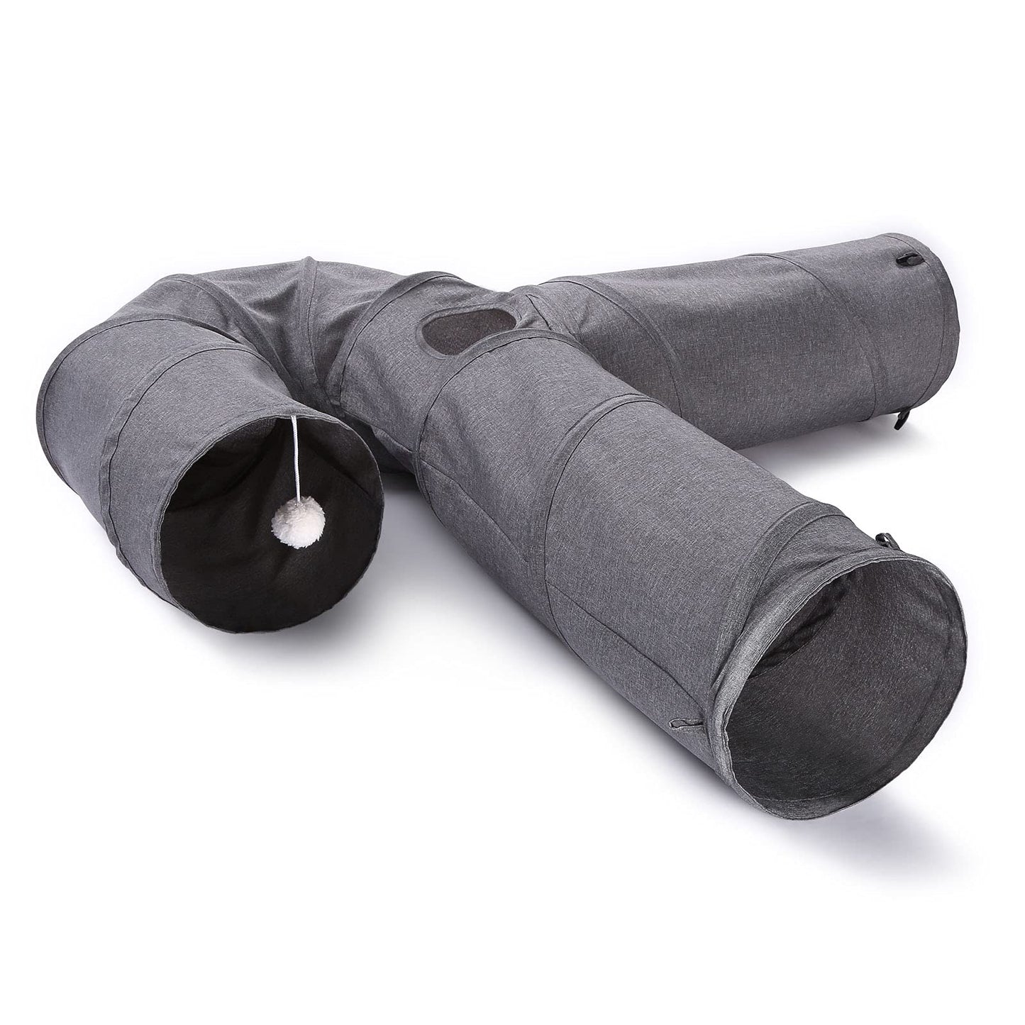 Ownpets Cat Tunnel Large 3 Way Collapsible Cloth Pet Tunnel Tube with Plush Ball & Feather Toy, U-Shaped Cat Play Tunnel for Indoor Cat, Puppy, Kitty, Kitten, Rabbit(Gray)