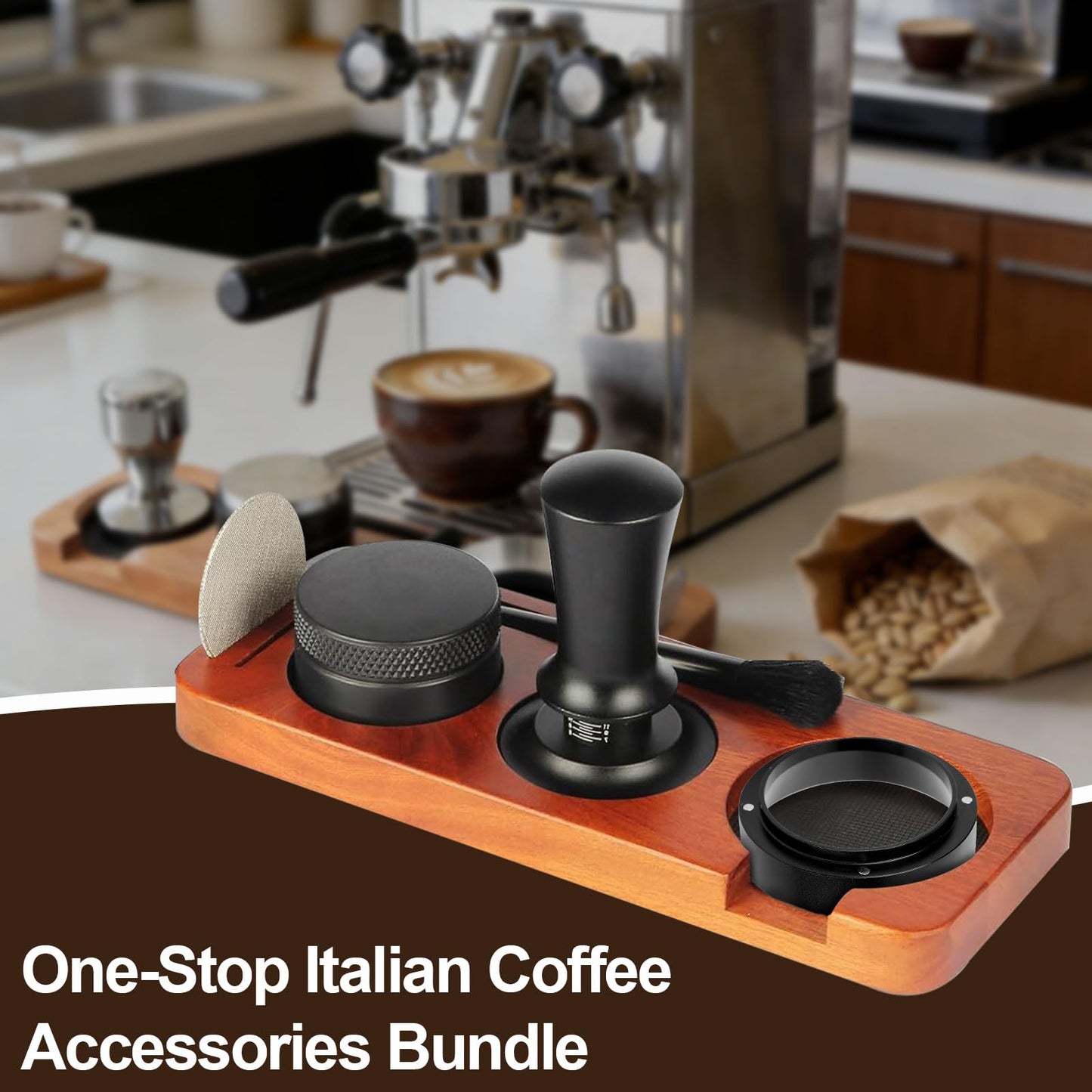 Espresso Accessories 7-Pcs Set, 54mm Espresso Tamper,wdt Tool,(Coffee Tamper with Wooden Espresso Tamper Base, Portafilter, Stirrer, Measuring Funnel, Brush, Ice Cube Strainer)