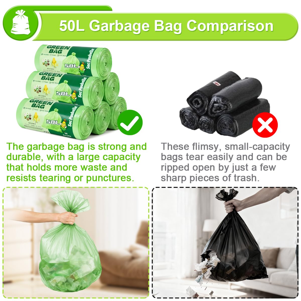 13 Gallon Biodegradable Garbage Bags, 104 Counts Compostable Kitchen Garbage Bags 50L, Tall Compostable Bin Liner for Kitchen, Lawn, Garden