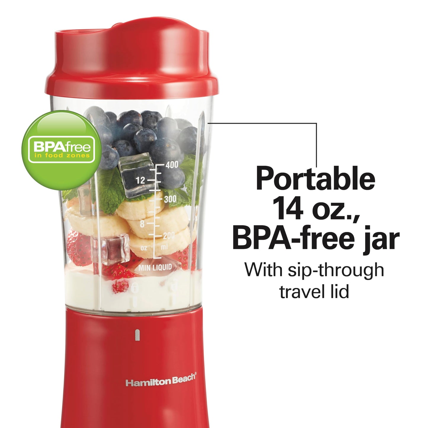 Hamilton Beach Shakes and Smoothies with BPA-Free Personal Blender, 14 oz, Red