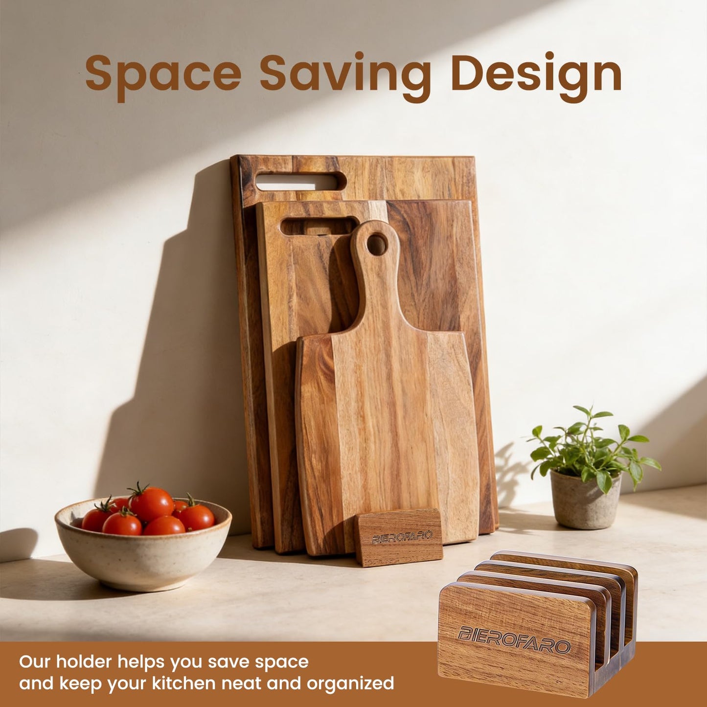 Acacia Wood Cutting Board Set of 3 with Holder, Wooden Cutting Boards for Kitchen, Chopping Board Set with Handle for Meat, Bread, Cheese & Serving, Charcuterie Boards