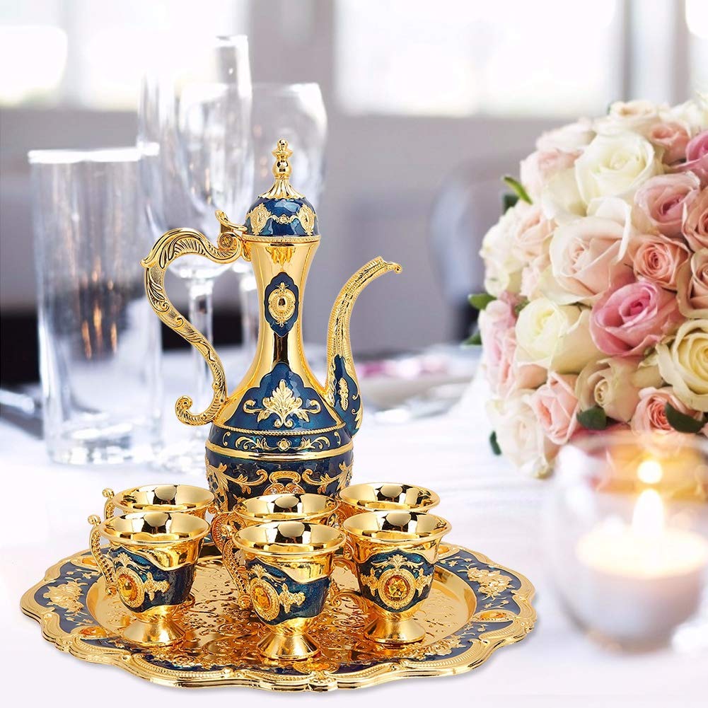 Vintage Turkish Coffee Pot Set 6 Tea Cups Small Metal Tea Set Tea Tray Teapot Tea Water Serving Set for Turkish Coffee, Arabic Coffees, Greek Coffees