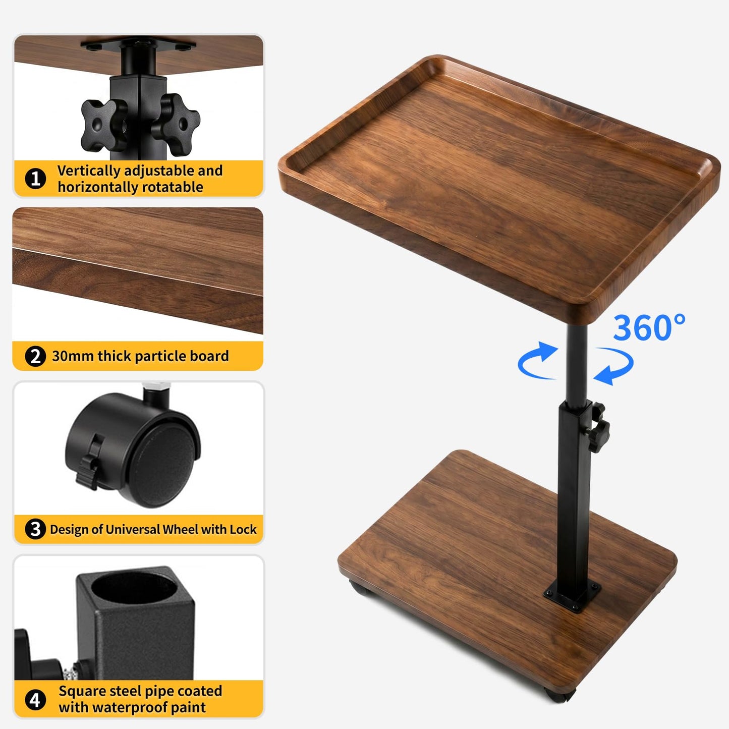 RIHEGIANT C Shaped End Table with Wheels, Adjustable Height & 360° Swivel TV Tray | Small Side Table for Living Room, Couch, Sofa, Bedside | C-Shaped Side Table