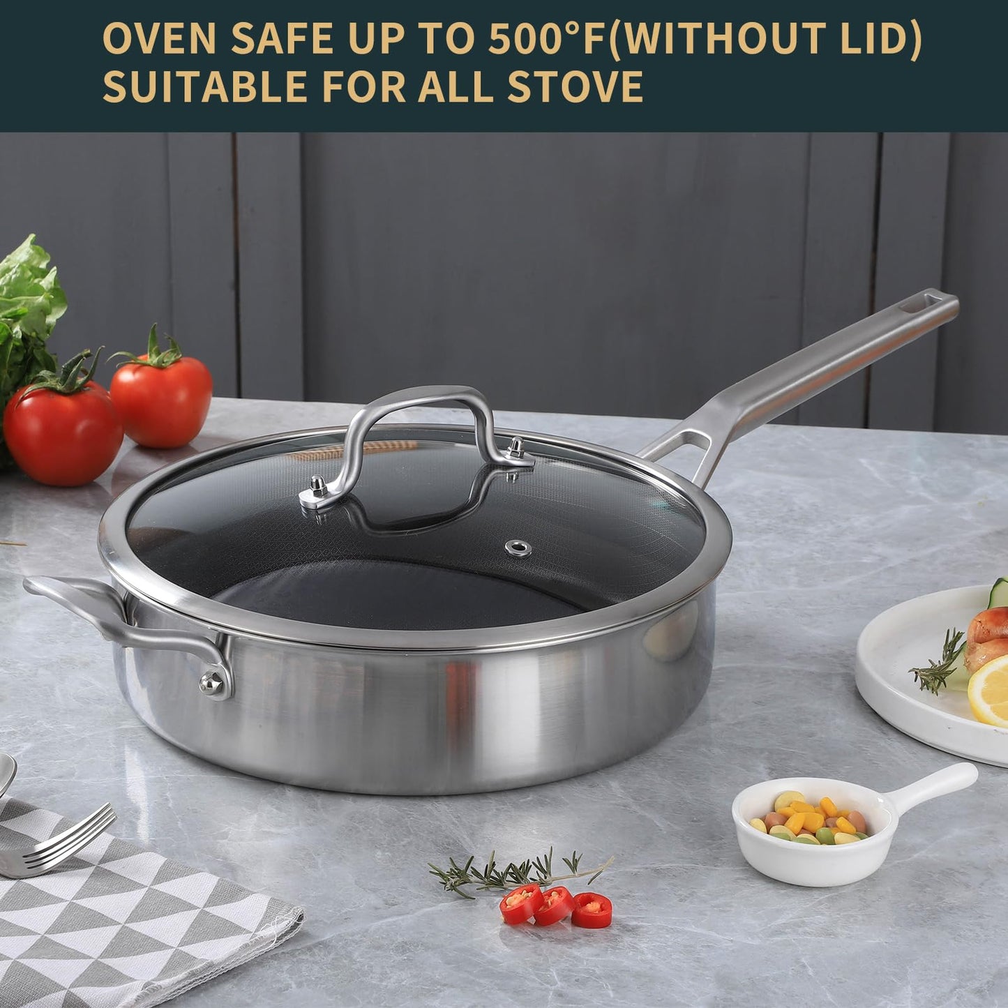 Stainless Steel 6 Quarts Saute Pan with lids, Nonsitck 12.5 inch Jumbo Cooker, 3 Layer Deep Frying pan with Stay Cool Handle, Dishwasher and Metal Utensil Safe
