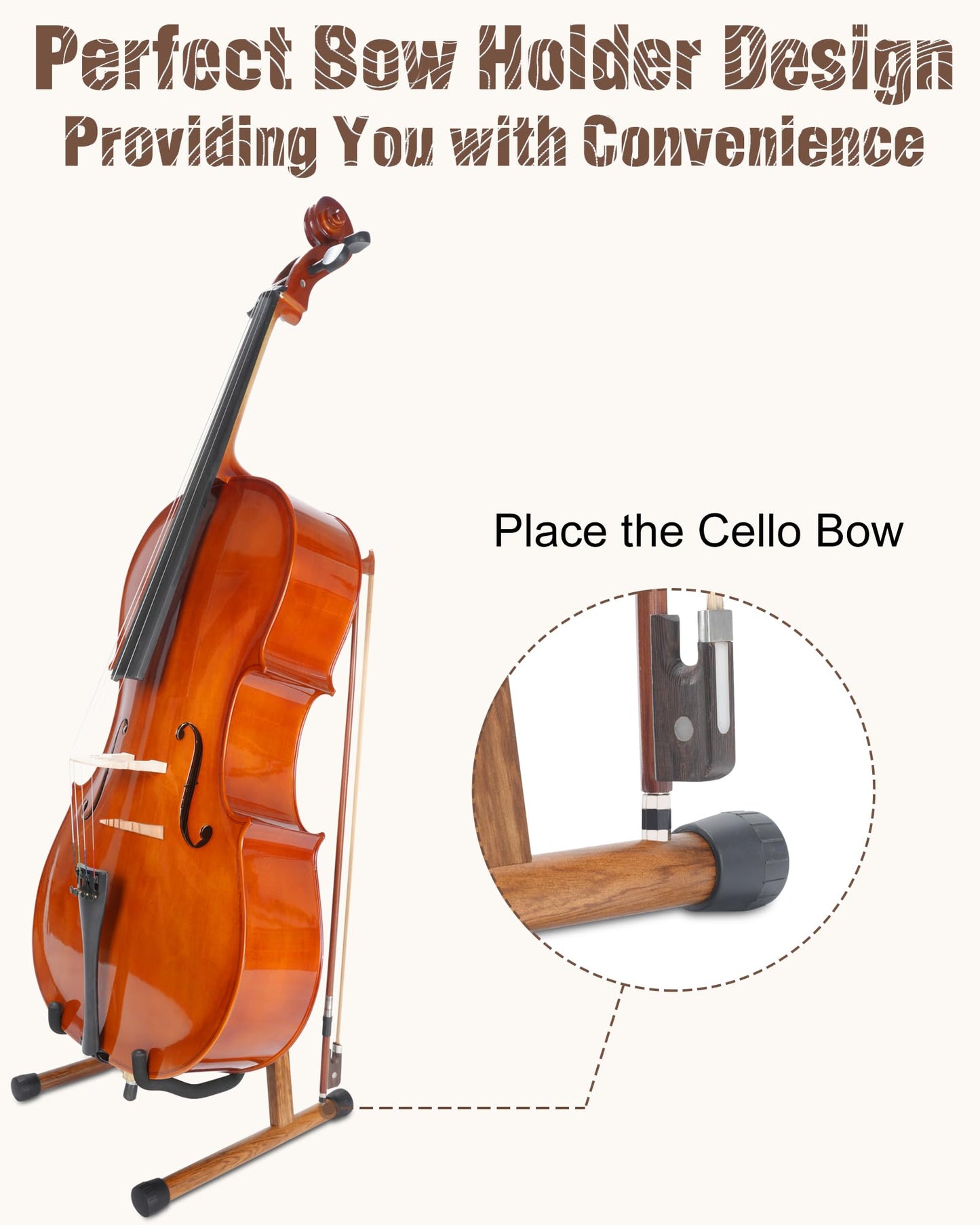 Musbeat Cello Stand, A-Frame Cello Stand with Bow Holder for Cello Display, Handcrafted Wooden Cello Stand with Padded Foam, Zebra Wood Floor Cello Stand for 1/2, 3/4, 7/8, Full-Size Cello, Guitar