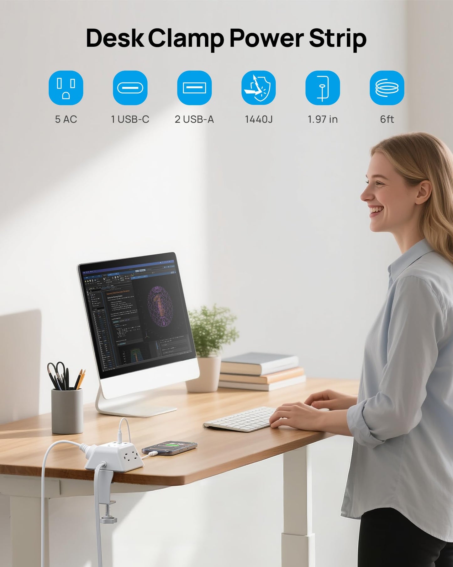 TROND Desk Clamp Power Bar Surge Protector with USB C Ports, Power Strip Charging Station with 5 Outlets, 6ft Slim Flat Plug Extension Cord Indoor, Fit 1.97" Tabletop Edge for Home Office Dorm, White