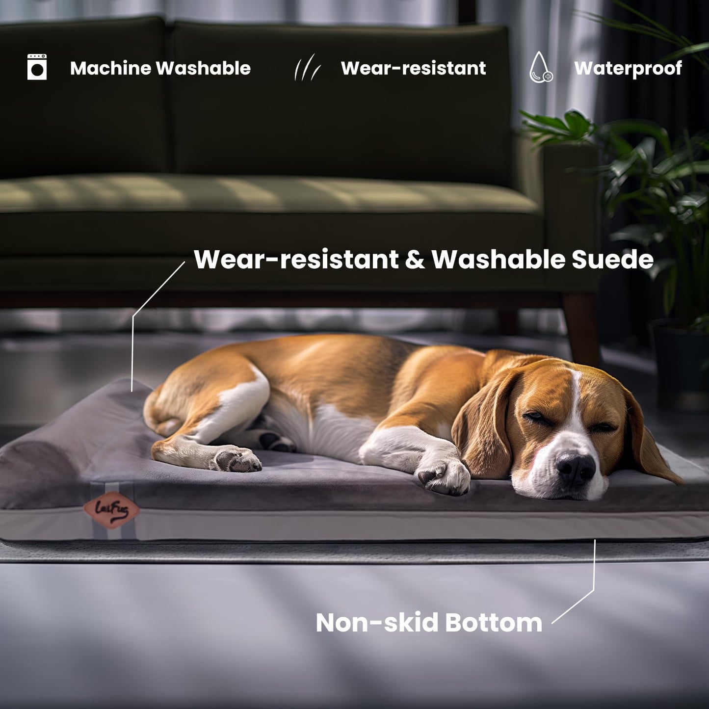 Laifug Orthopedic Memory Foam Dog Bed with Pillow and Durable Water Proof Liner & Removable Washable Cover & Smart Design Medium (34"x22"x6"), Grey