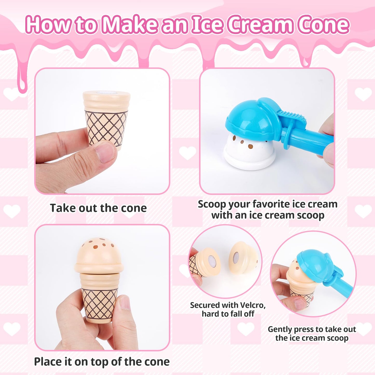 Ice Cream Toy, Wooden Pretend Play Toys Play Store for Kids, Wooden Ice Cream Play Set with Scoop, Fake Money, Menu, Ice Cream Toys Play Kitchen Food Gifts for 3 4 5 6 Year Old Toddlers Girls Boys