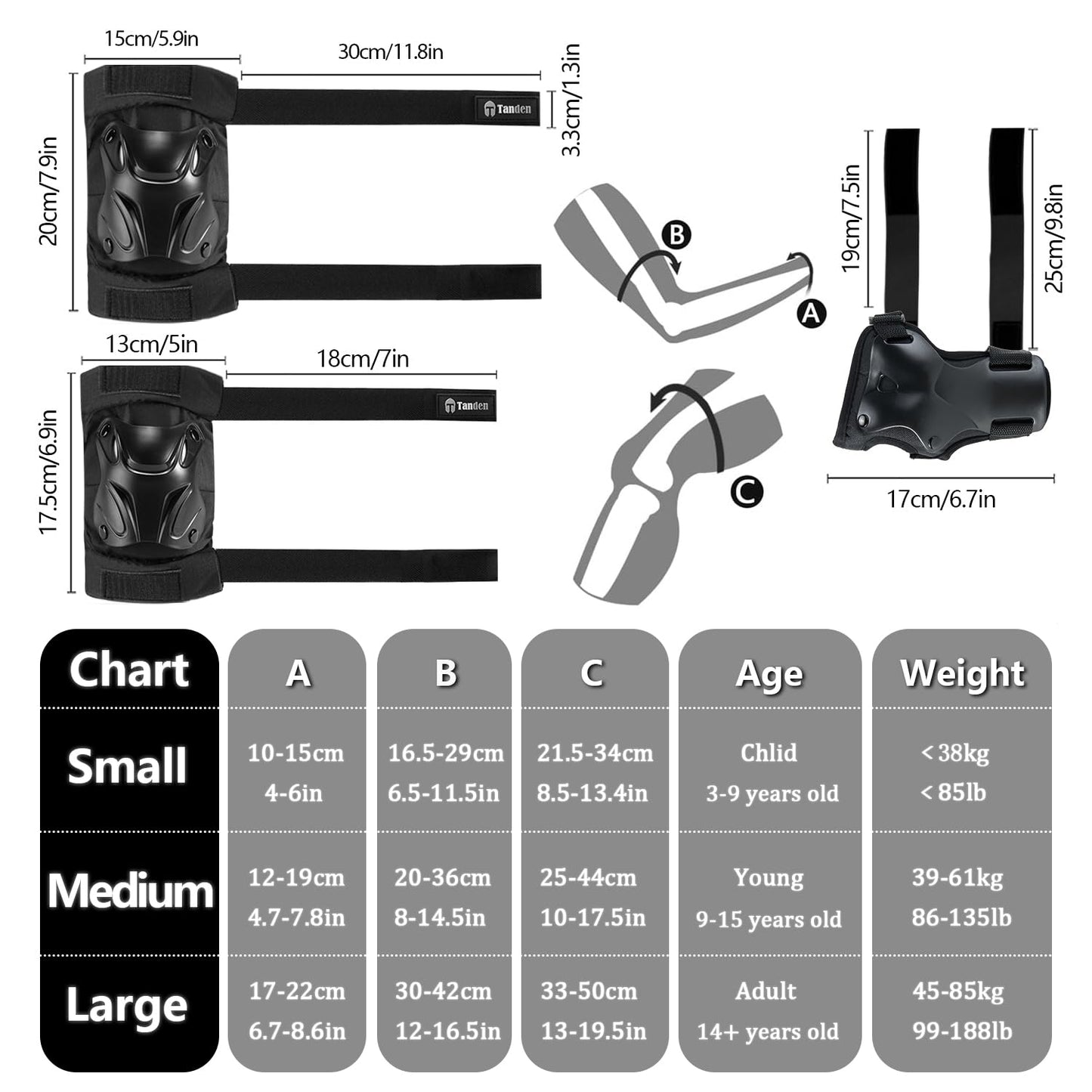 Tanden Skating Protective Gear Elbow and Knee Pads Adult, Knee Pads for Men Women Elbow Pads Wrist Guards for Roller Skating Cycling Skateboarding Black