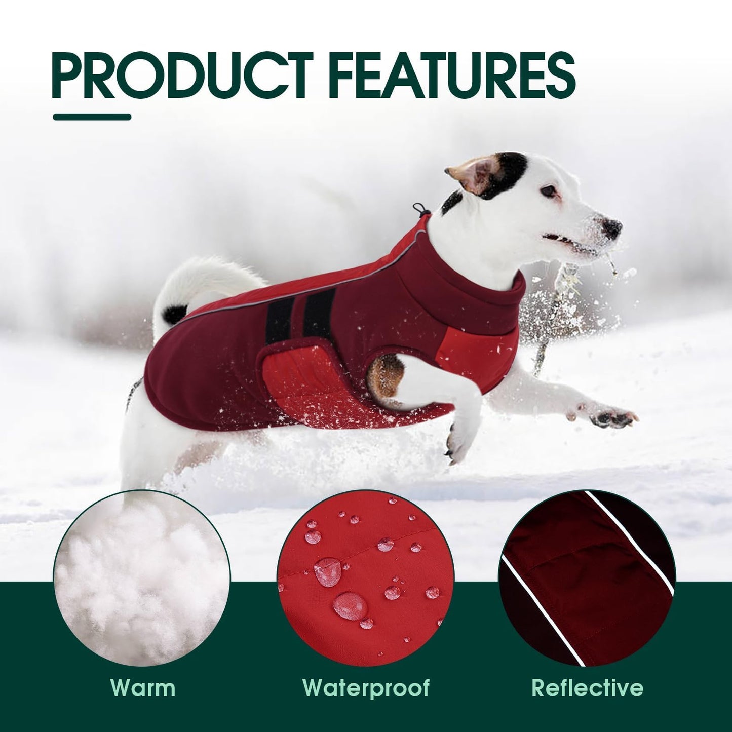 Kuoser Red Dog Coat, Winter Dog Jacket, Medium Size, Polyester Blend, Reflective Strips, Adjustable, Machine Washable
