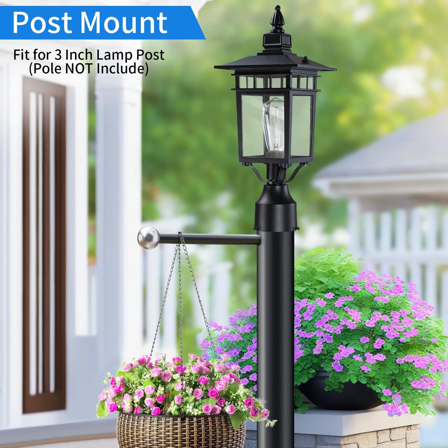 17.6'' Outdoor Post Light 2 Packs, Black Pole Lantern Lighting Fixture Hard Wired, Waterproof Outdoor Column Lights Exterior Lamp Post Lantern with Glass for Garden Path(Not Include Mounting Base)