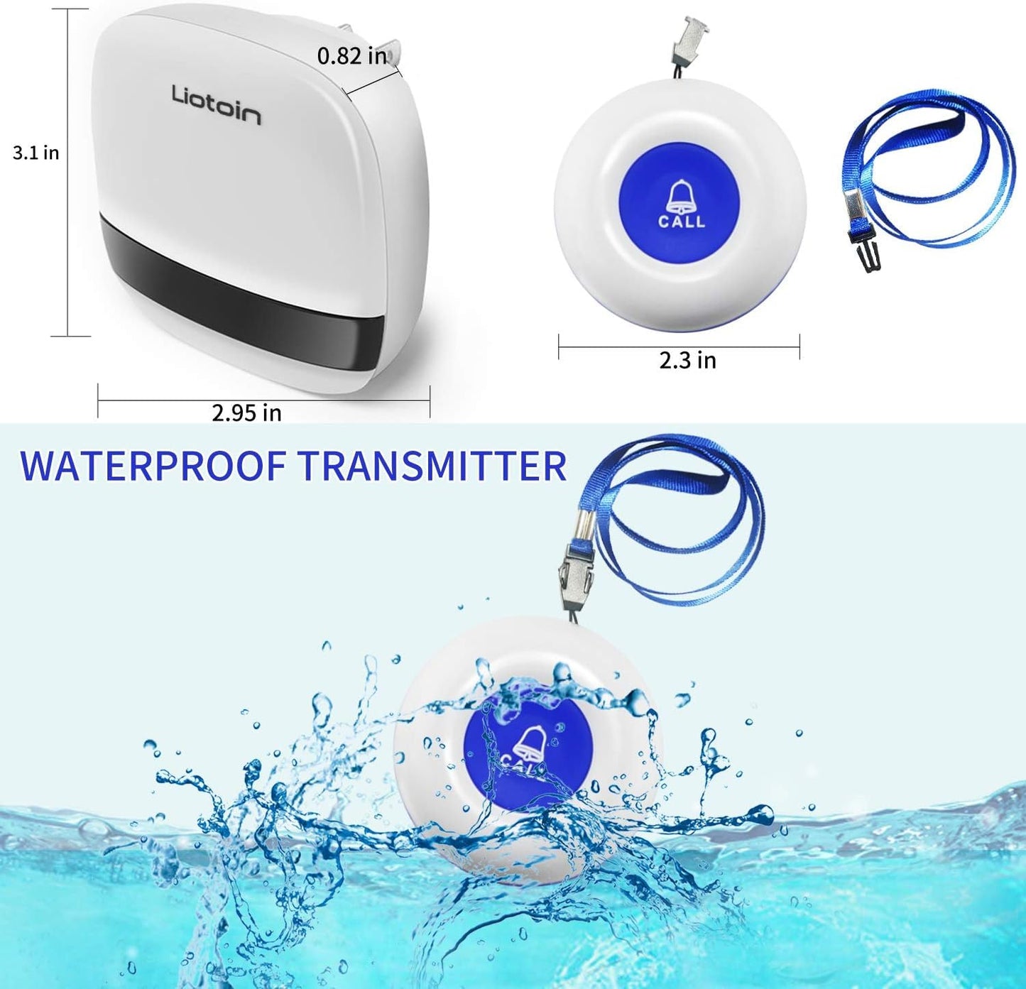 LIOTOIN Wireless Caregiver Pager Call Button Nurse Call Alarm System Alert Button Call Bell Panic Button for Elderly/Patient (2 Transmitter + 2 Plug-in Receiver)