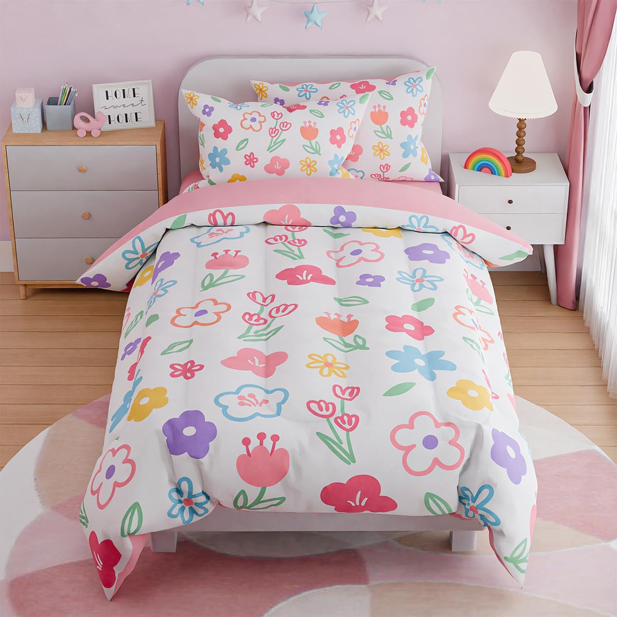 Floral Twin Bedding Sets for Girl, Ultra Soft Microfiber Comforter Bed Set with 3-Pieces, Flower Comforters Sets for Kids Children Girl Teen Tween Bedroom Décor