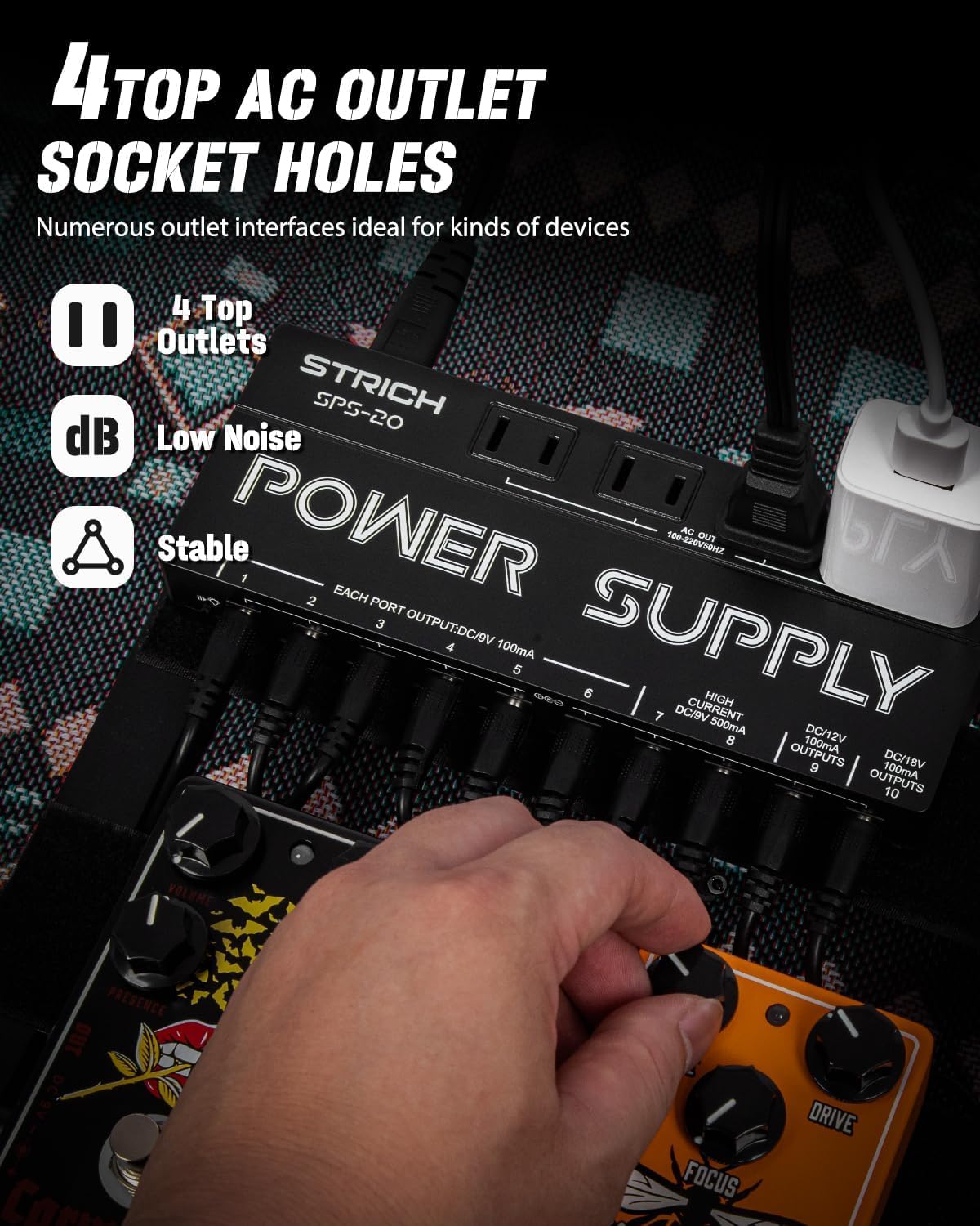 STRICH SPS-20 Guitar Pedal Power Supply, 10 Independent DC Output for 9V/12V/18V Guitar Bass Effect Pedals, 100mA 500mA Pedalboard Power Supply with Short Circuit Protection