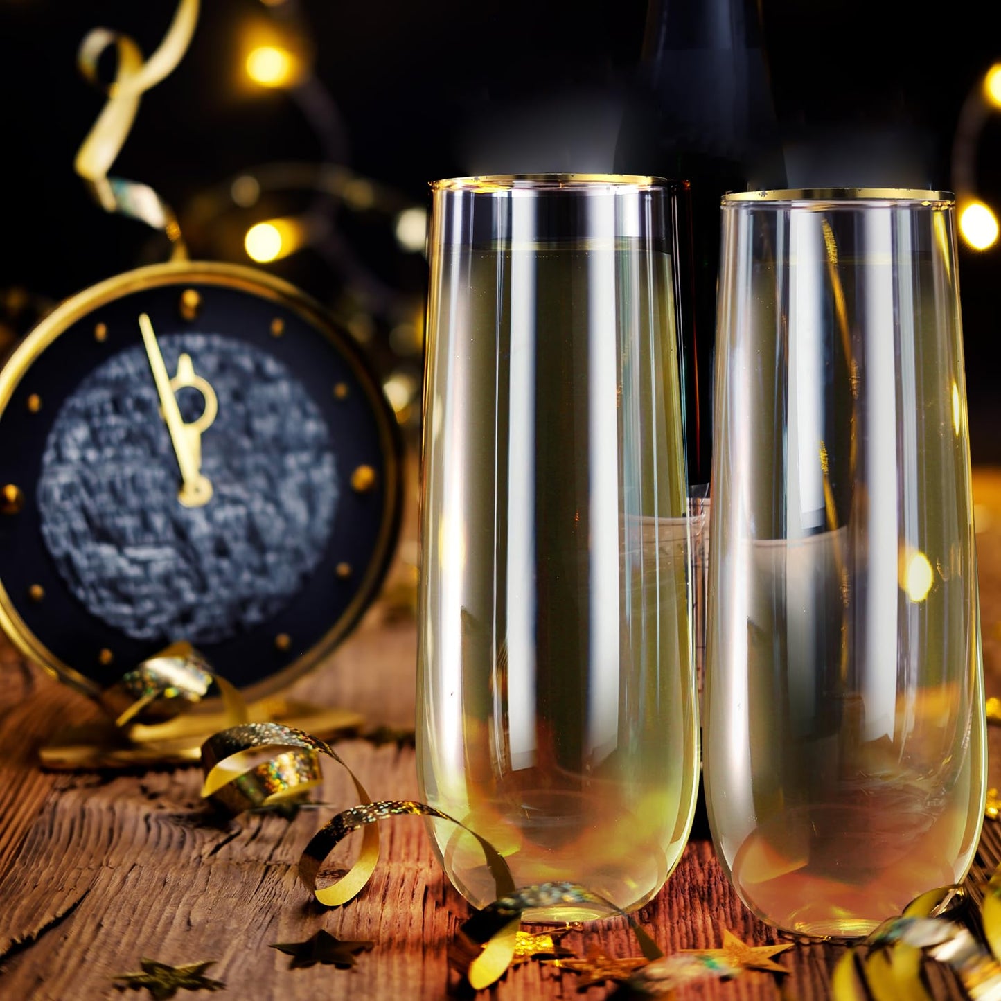 Hacaroa 48 Pack Plastic Stemless Champagne Flutes, 9 Oz Clear Toasting Glasses Highball Cups BPA-Free, Disposable Mimosa Glasses for Wine, Cocktail, Bar, Party, Wedding, Shatterproof, Gold Rim
