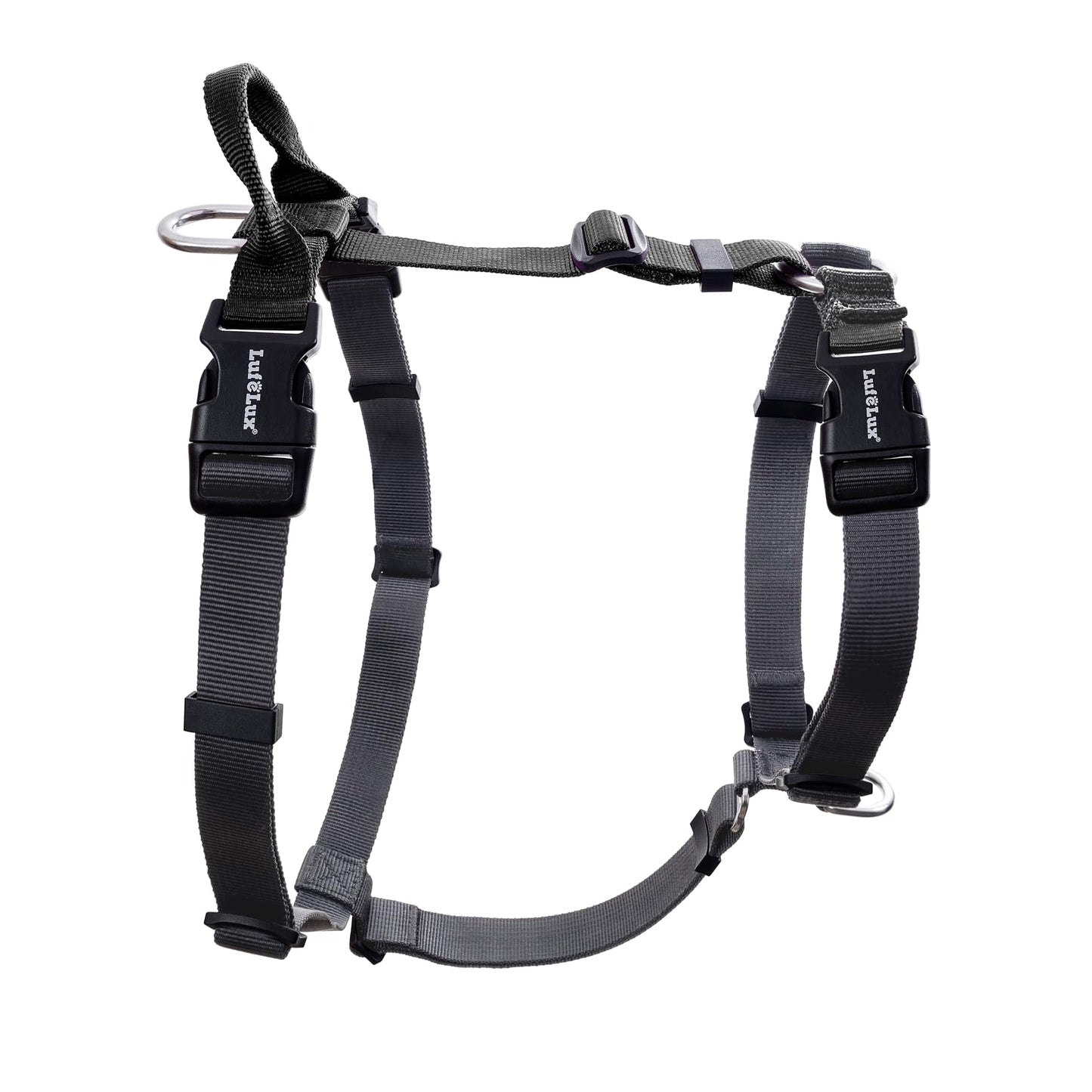LufeLux Non-Restrictive Dog Harness, Easy Walk Freedom No Pull Harness, Keep Balance, Neck-Buckle, Six Points Adjustment, 2 Leash Clips for Back and Front Clip (Black/Grey, X-Large)