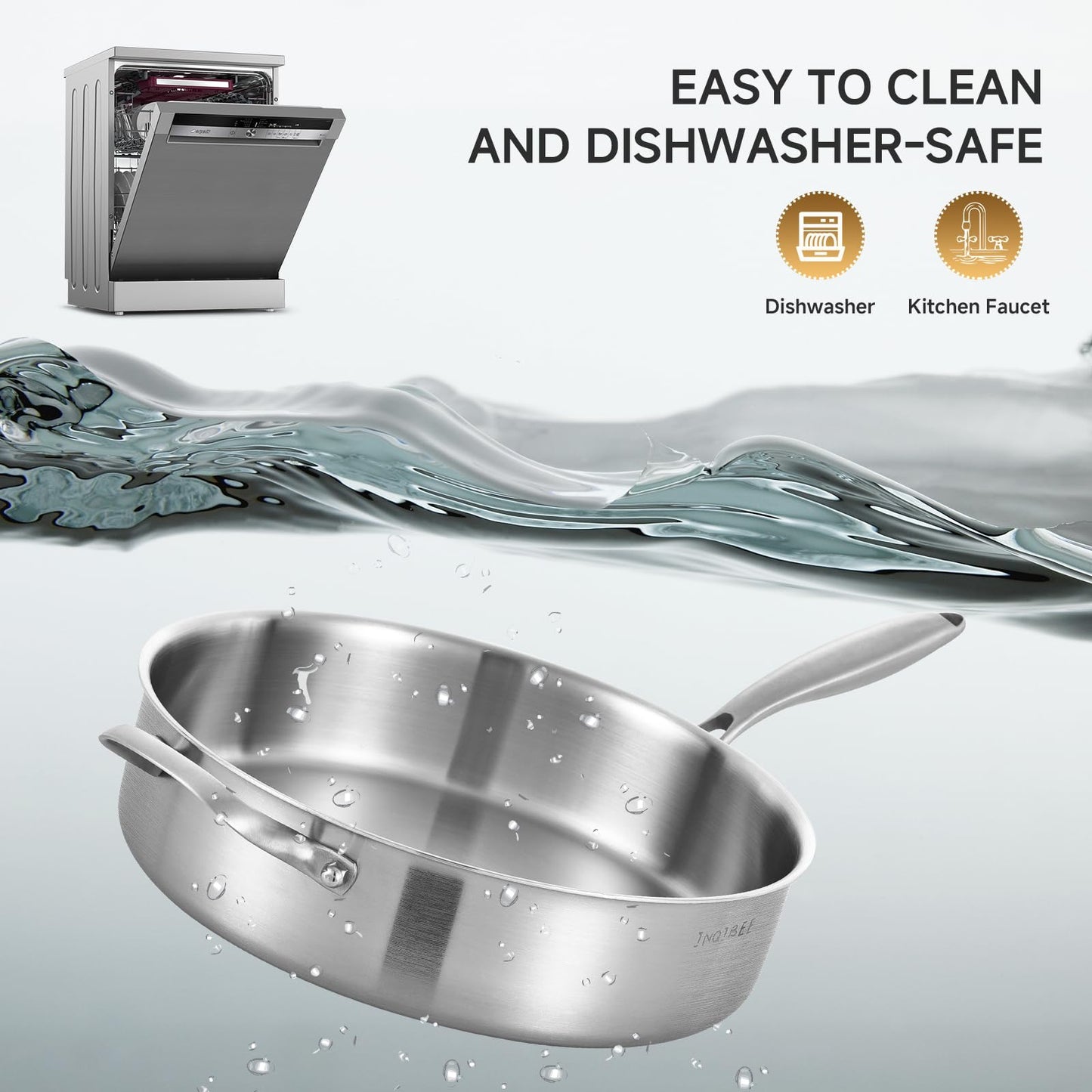 Inqibee Tri-Ply 5.5 Quarts Stainless Steel Sauté Pan with Lid,12 Inch Induction Deep Frying Pan,Large Skillet,Jumbo Cooker,Dishwasher and Oven Safe,Detachable Handle.