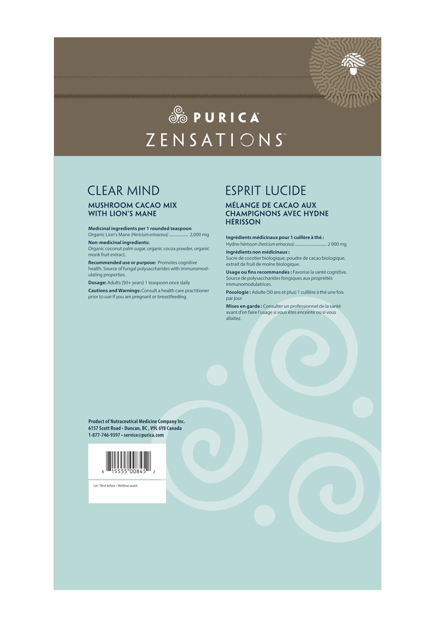 PURICA Zensations Clear Mind Vegan 1kg 200 Servings, Organic Lion's Mane & Cacao Blend with 1600mg Mushroom Powder, Enhances Mental Sharpness & Focus, Refreshing Taste, Ideal for Coffee & Tea, Non-GMO