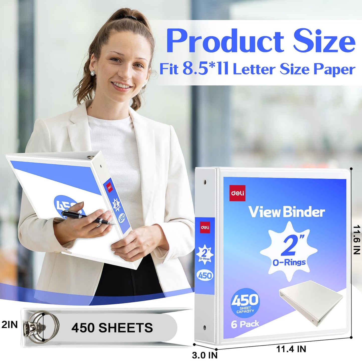 Deli 2-inch 3 Ring Binder with 2 Interior Pockets, 450 Sheets Capacity, 2 inch Binders fits 11" x 8.5" US Letter Size, White, 6 Pack
