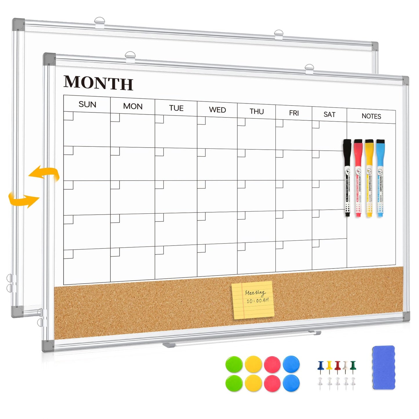 Dry Erase Calendar & Cork Board Combo 36"x24", Double-Sided Magnetic Whiteboard for Wall, Large Monthly Planner with 3-in-1 Versatility, Aluminum Frame Memo Board for Home, Office & School