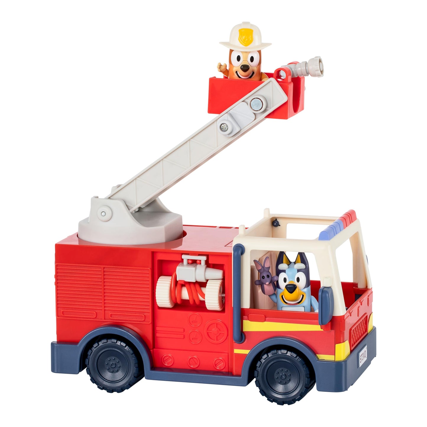 Bluey Firetruck | Firetruck with Bluey, Exclusive Firefighter Bingo and Bob Bilby Figures | Raise The Ladder, Spin It Around and Roll Out The Hose | Includes Sticker Sheet