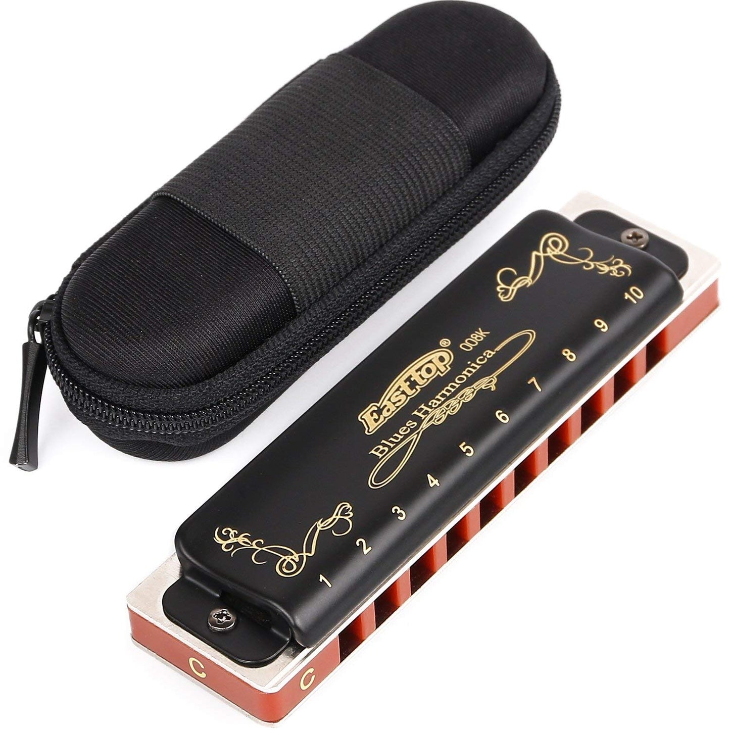 Diatonic Blues Harmonica 10 Holes Blues Harmonica 20 tones black T008K with Case，More Professional Harmonica for Beginner ，Students，Adults and Professional Player（key of C）
