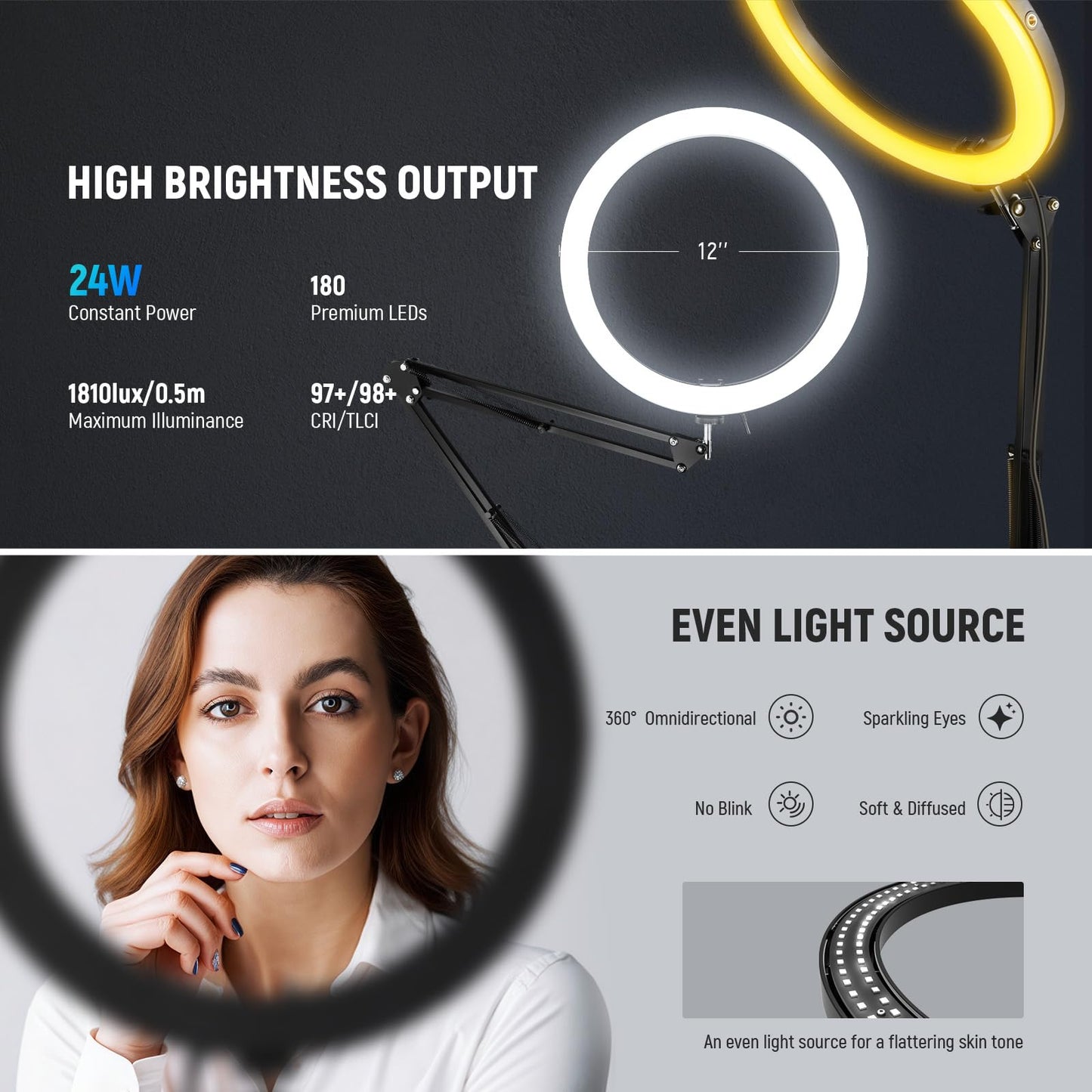 NEEWER 12" 24W High Power LED Ring Light Compatible with iPhone, 60" Overhead Folding Light Stand/Phone Holder Mount for Video Recording Selfie Makeup Streaming, 2900-7000K USB C PD Input CRI97+, RH12