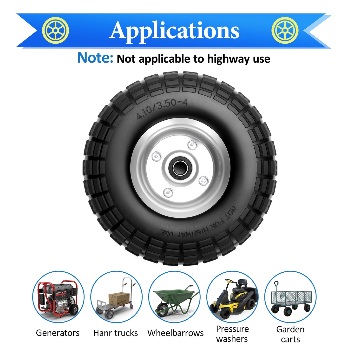 4.10/3.50-4 Solid Rubber Tire Wheels, 10 Inch Tire and Wheel Flat Free, for Garden Carts/Dolly/Trolley/Dump Cart/Hand Truck/Wheelbarrow/Garden Wagon(Black, 2 pcs)