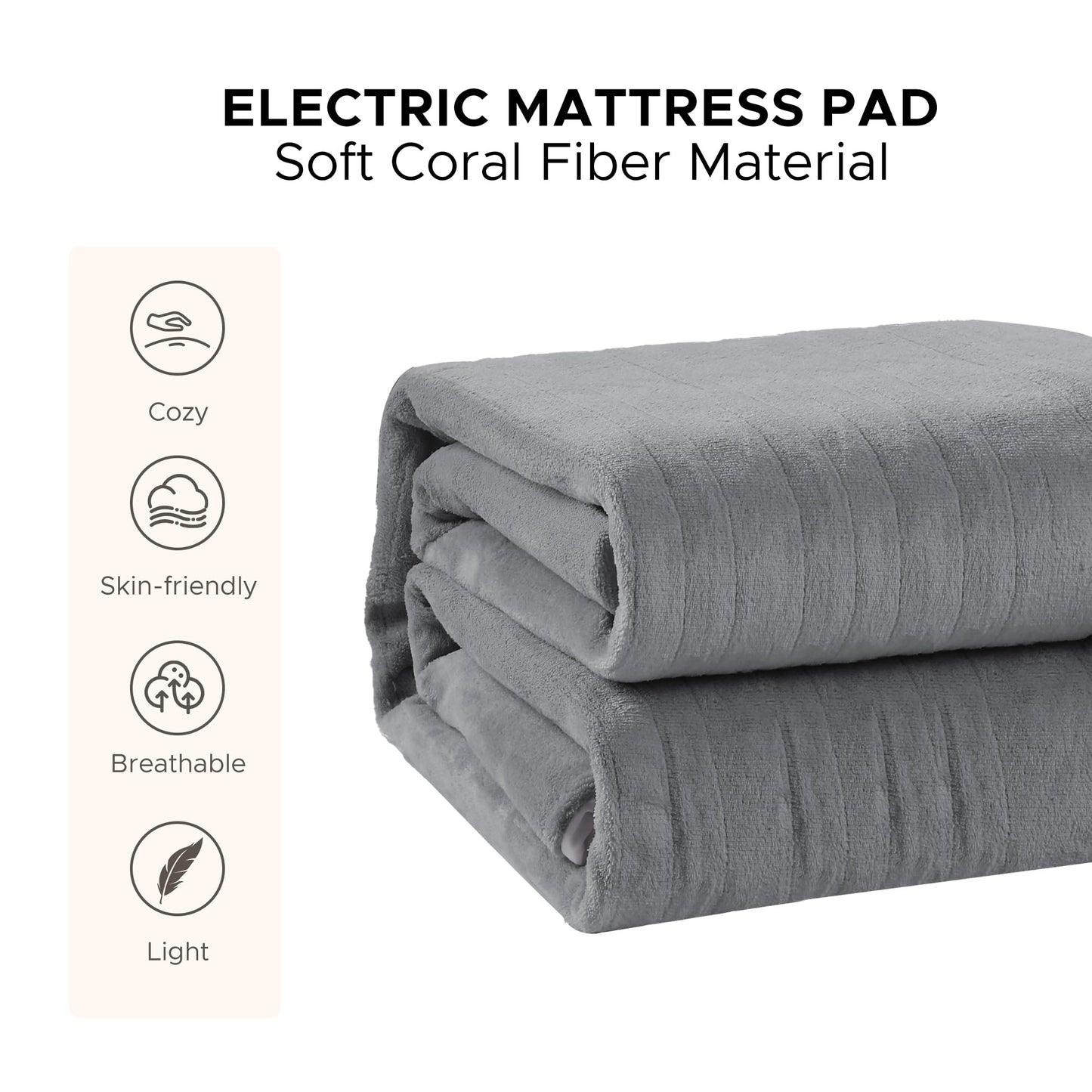 ETL Certified Queen Electric Mattress Pad 60"x80",Fast Heating, Uniform Temp, All Night Overheat Protection, 4 Heat Modes, 10H Auto Off, Deep Pocket, Breathable Coral Fleece, Washable,Gray