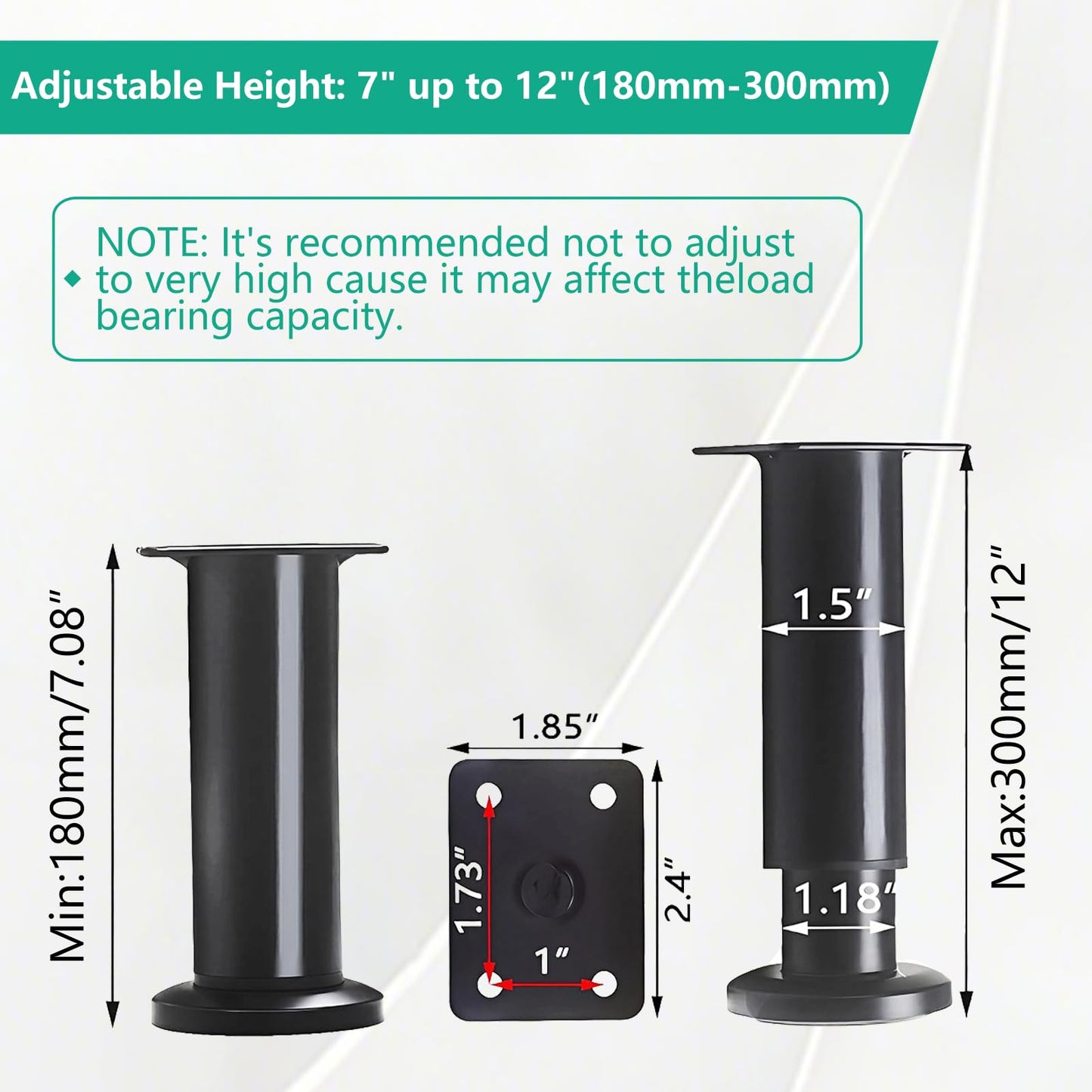 4Pcs Adjustable Height Bed Support Legs,Metal Furniture Legs7.08-12Inch,for Height Heavy Duty for Cabinet/Dresser/TV Stand/Sofa/Chair/Table Heavy Bed Replacement Legs (Black)