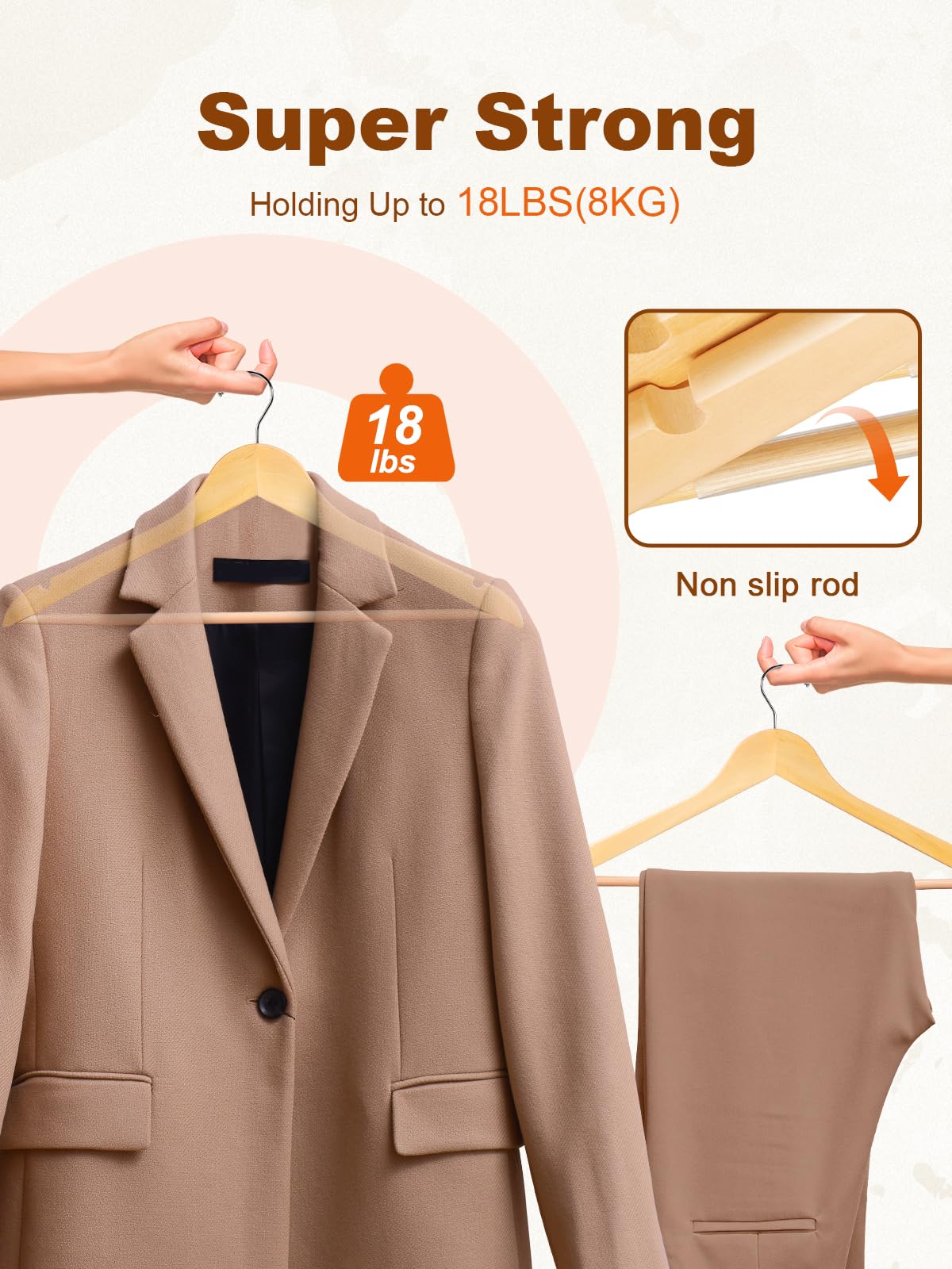 House Day Wooden Hangers 20 Pack, Solid Wood Hanger with Non Slip Pant Bar, Heavy Duty Wooden Coat Hanger for Closet, Smooth Finish Wood Clothes Hangers for Shirts, Suits, Jackets, Dresses, Natural