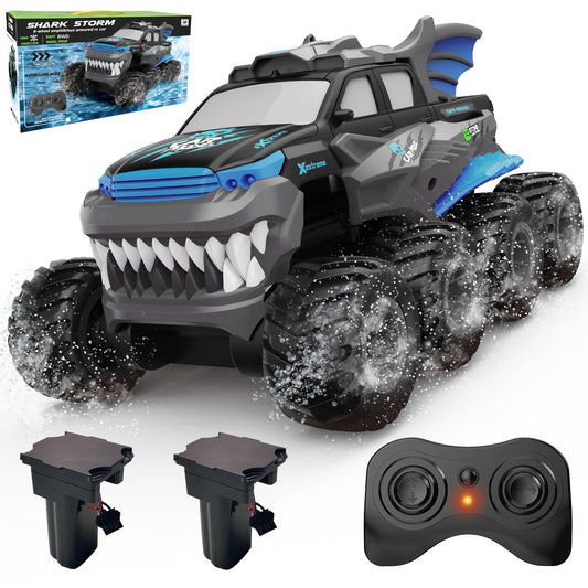 Amphibious Remote Control Car 8WD RC Monster Truck with 2 Rechargeable Batteries for Boys Age 8-12 Offroad Waterproof RC Pickup 2.4GHz All Terrain RC Drift Cars Beach Pool Toys Gifts for Kids Blue