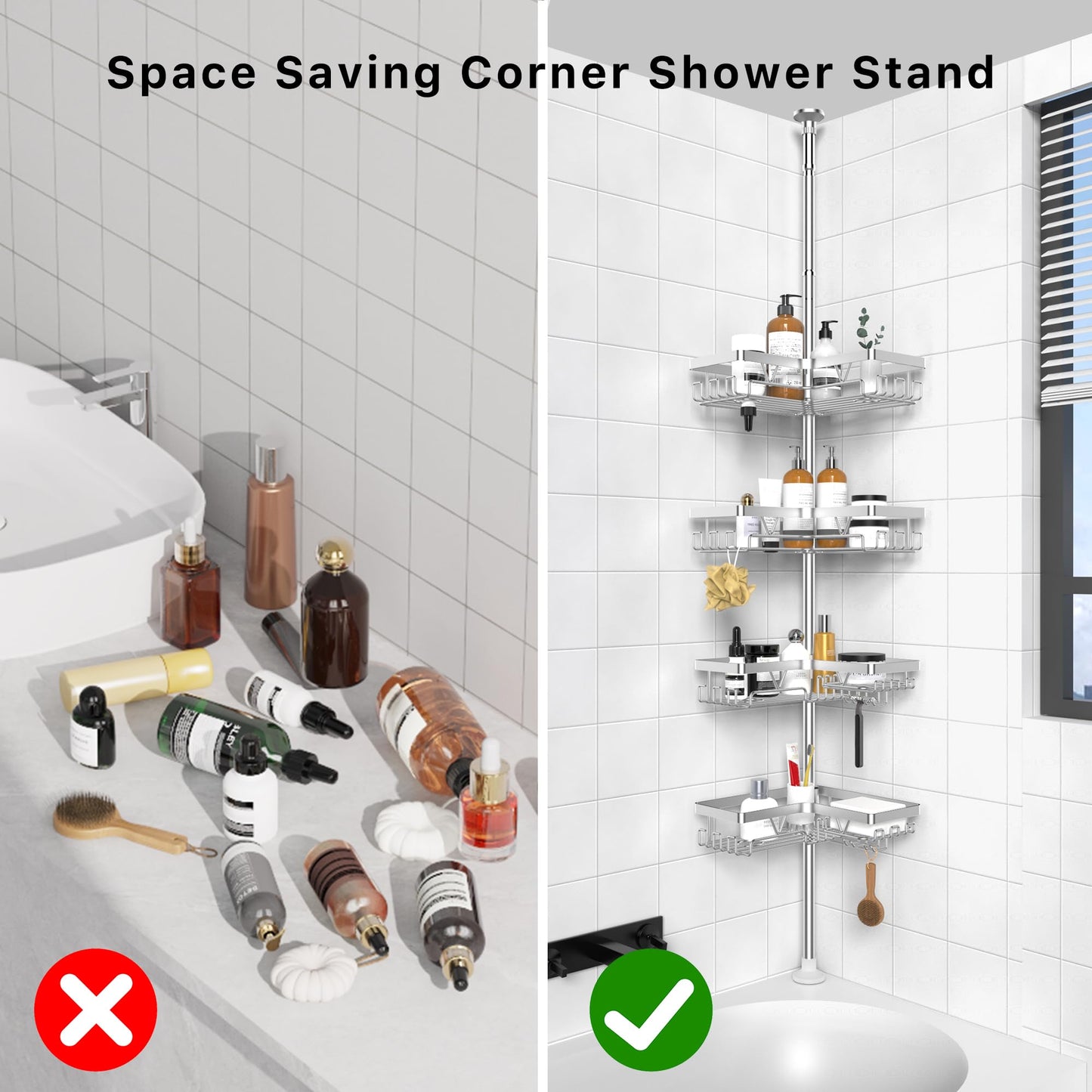 KEGII Corner Shower Caddy Tension Pole, Stainless Steel Bathroom Organizer with Hooks & Soap Holder, Adjustable from 25 to 114.2 inch, 4-Tier Corner Shower Rack for Bathtub Shampoo Storage - Silver