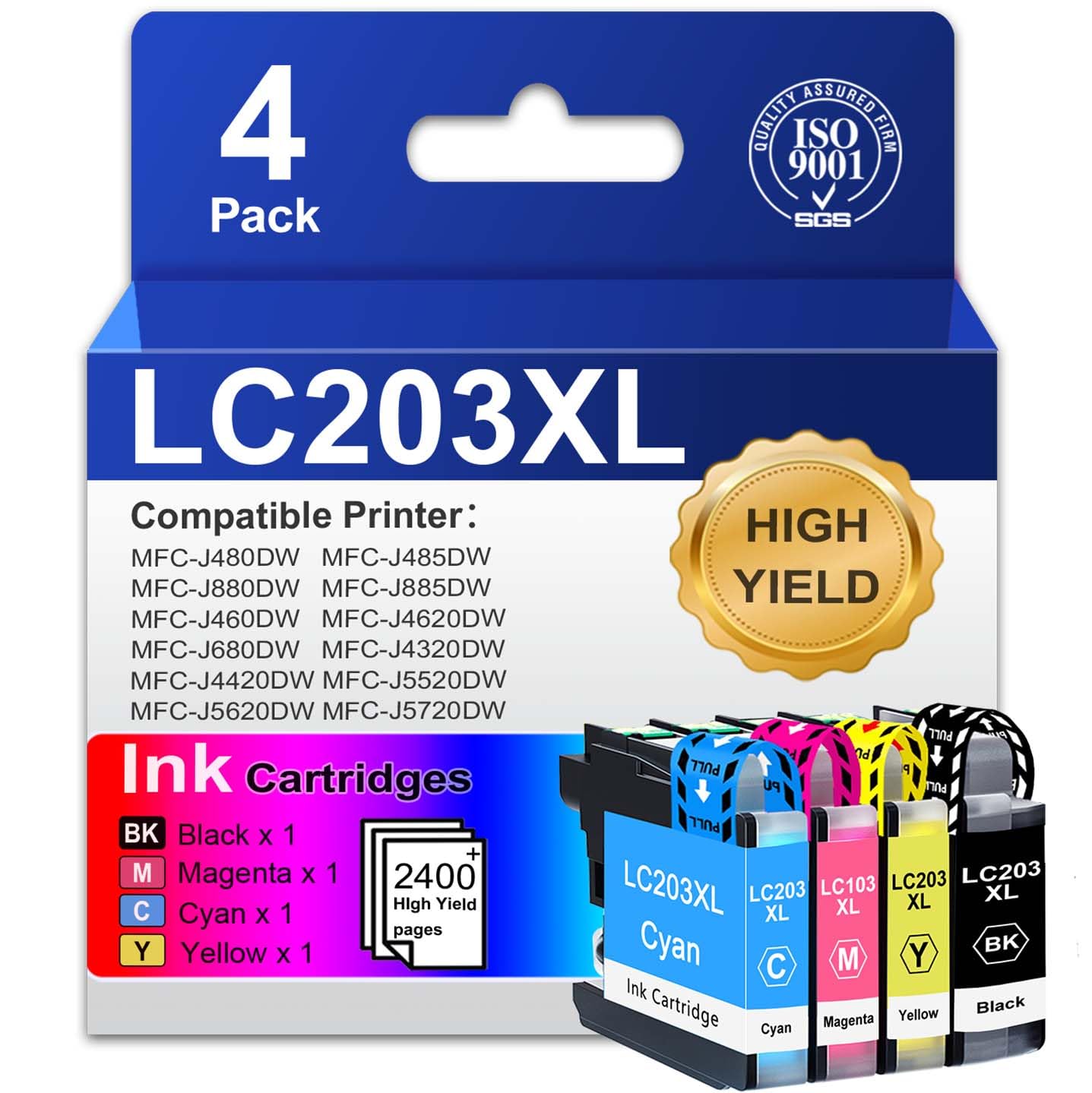 LC203XL LC201 BK/C/M/Y Ink Cartridges High Yield Compatible Ink Cartridges Replacement for Brother LC203 XL LC201 with MFC-J480DW MFC-J485DW MFC-J880DW MFC-J4420DW Printer (4-Pack)