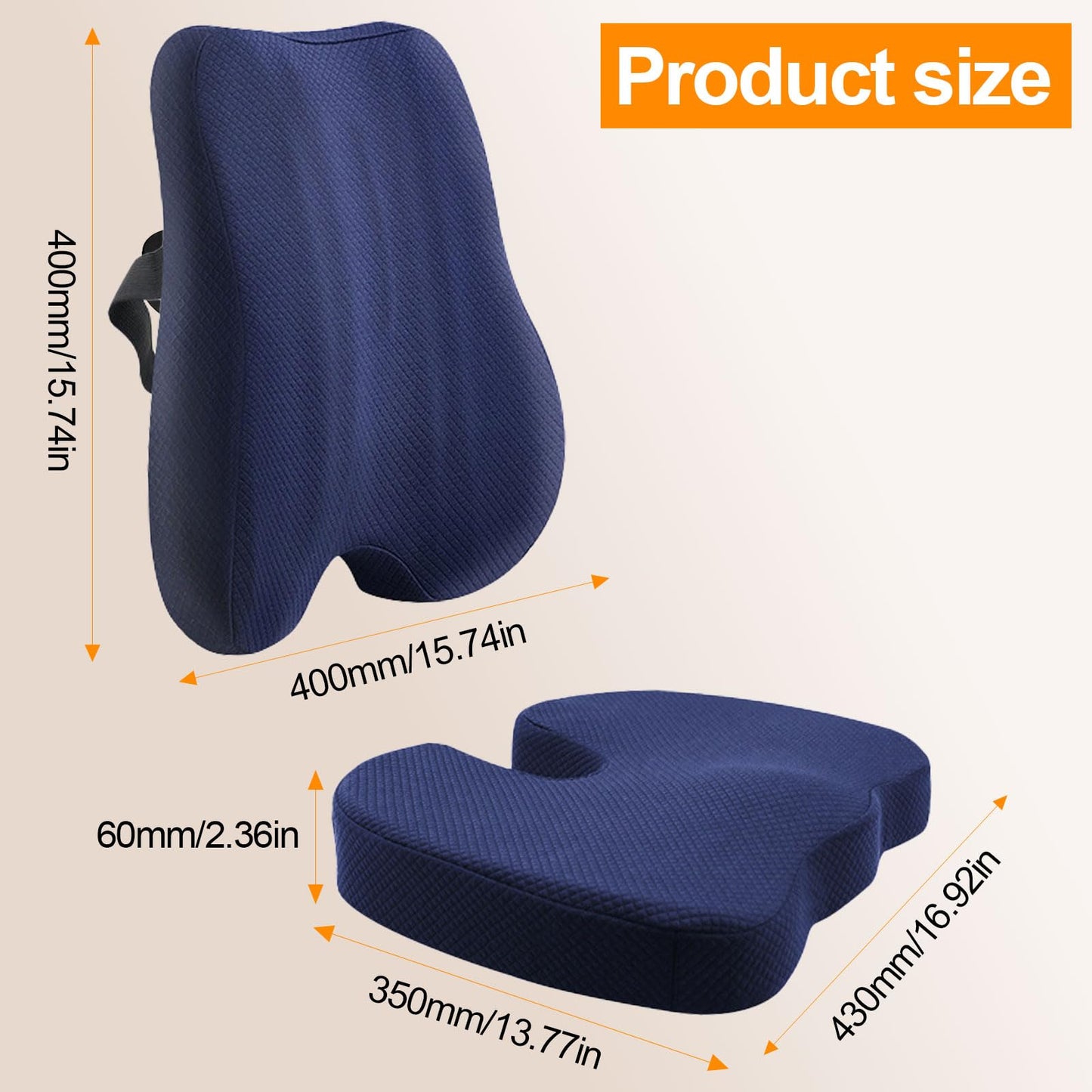 Seat Cushion & Backrest Combo Set with Lumbar Pillow Upgraded Adjustable Height Design, Memory Foam Ideal for Driving, Travel, Extended Sitting Effectively Relieves Lower Back Discomfort (Navy Blue)