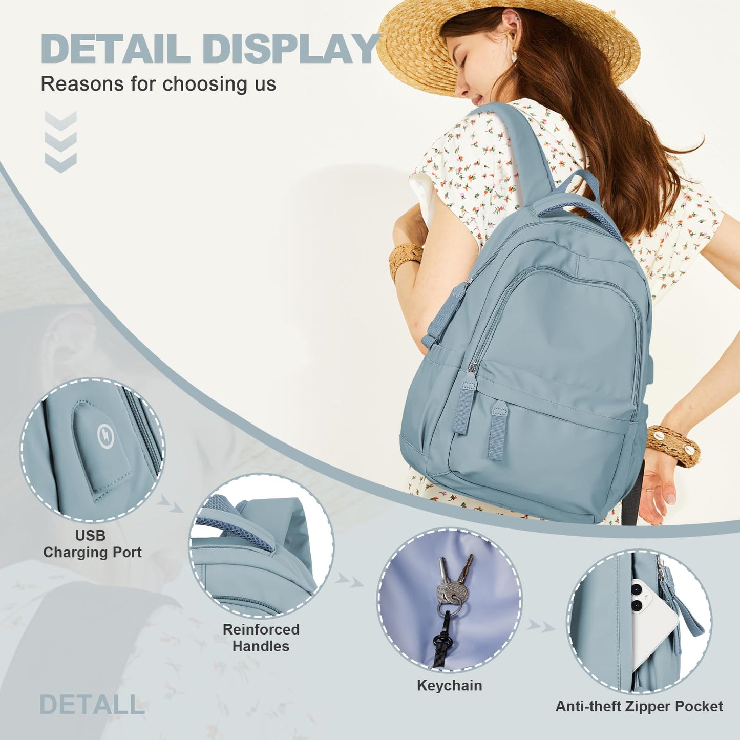 Backpack for School Women College High School Bag for Girls Teen Boys Book Bag Casual Travel Laptop Backpacks for Men Light Blue