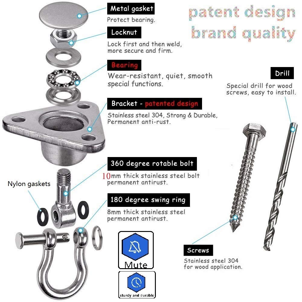 9M Silent Bearing Swing Hangers, Heavy Duty 1800°+360° Rotate Swing Swivel Hook, 1500LB Capacity Stainless Steel for Wooden Concrete Playground Yoga Hammock Chair Rope Punching Bag Porch Swing Sets