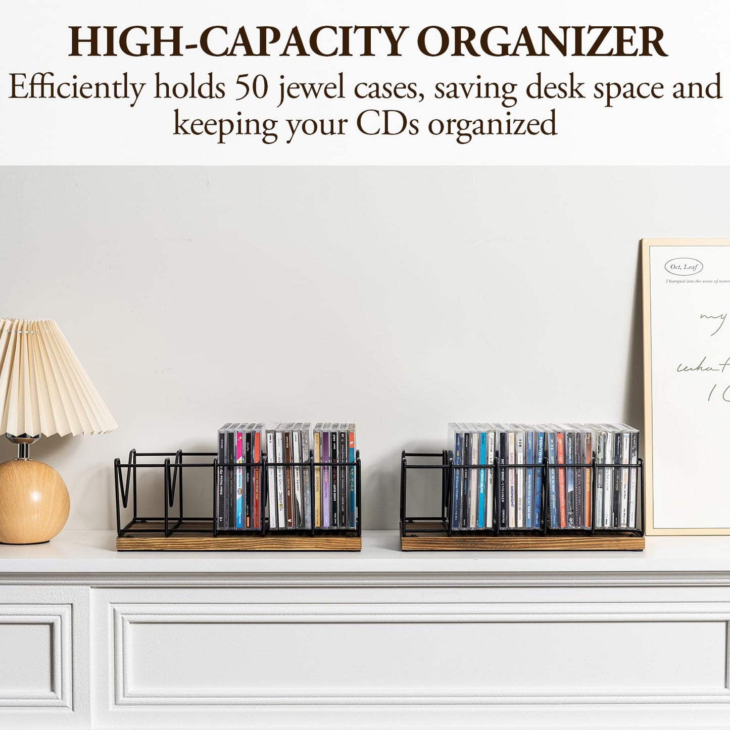 MyGift Set of 2 Vintage CD Storage Holder in Rustic Burnt Solid Wood and Matte Black Metal Racks, Tabletop Compact Disc Case Organizer Stand - Holds Total 50 Jewel Cases