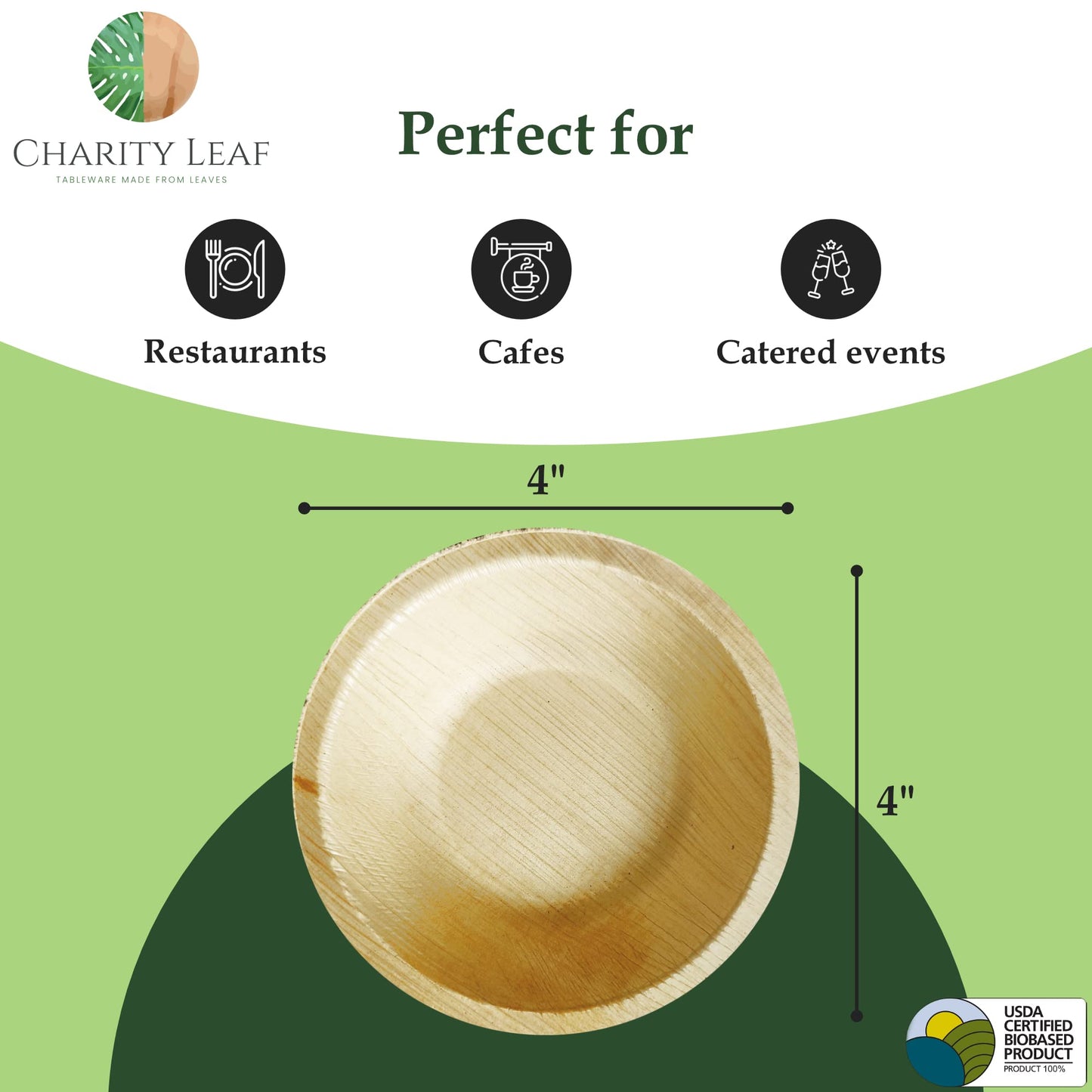 Charity Leaf Disposable Palm Leaf 4" Round Bowl (50 pcs) Dipping Bowls | Bamboo Like| All Natural and Biodegradable | Charcuterie Boards, BBQs, and Parties
