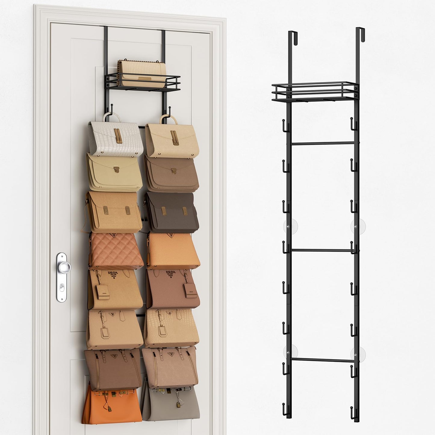 SWTYMIKI Over The Door Purse Organizer - Wall Mounted Handbag Organizer with 16 Hooks and Metal Basket, Hanging Purse Storage Rack Holds up to 16 Bags, Bag Rack Can Use As 1/2 Part, for Door, Closet