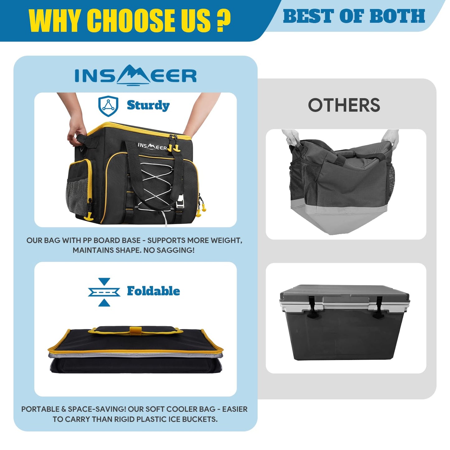 INSMEER 55 Cans/45L Large Soft Side Cooler with Hard-Bottom 100% Leak-Proof/Portable/Insulated/Collapsible Lunch Cooler Bag/glaciere for Camping,Beach,Picnic,Grocery Shopping,Road Trip