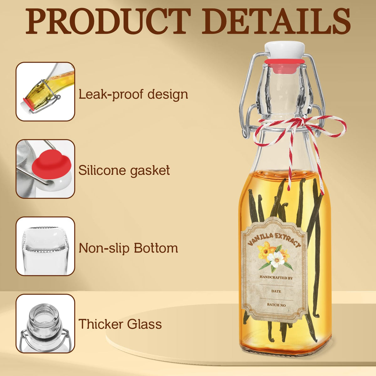 10 Pack Swing Top Glass Vanilla Extract Bottles 8 oz with Lids, Vanilla Extract Labels and Funnel, Glass Boston Vanilla Bottles for Syrup Gift, Flip Top Glass Bottles Jars for Vanilla Extract