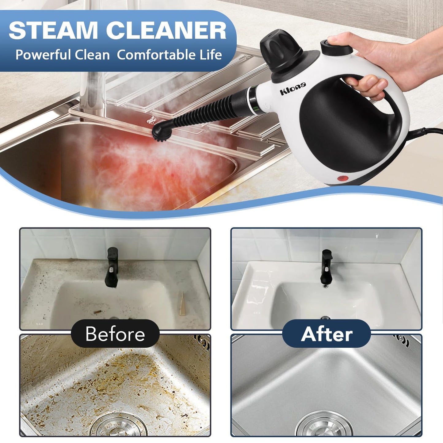 KLONA Handheld Steam Cleaner, Steam Cleaner for Home with 10 Accessory Kit, Multipurpose Portable Upholstery Steamer Cleaning with Safety Lock to Remove Grime, Grease.
