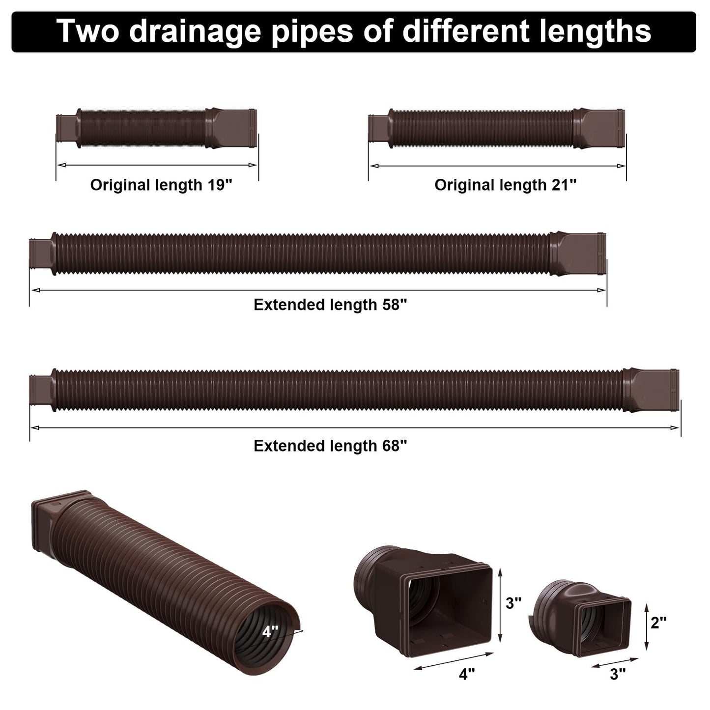 plusgutter 2 Pack Rain Gutter Downspout Extensions, Flexible Downspout Extender with 58"+68" Extendable Pipes for Rain Water Drainage, Durable Down Spout Drain Extension with Connector (Brown)