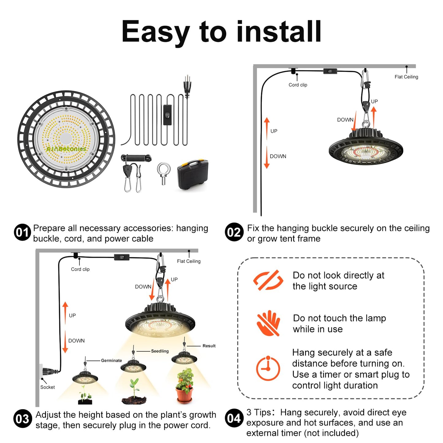 AJABotanics 100W Hanging LED Grow Light for Indoor Plants, Full Spectrum UFO Lamp, IP65 Waterproof, 9.8 ft Cord with On/Off Switch, Smart Plug Compatible for Hydroponics, Greenhouse, Grow Tent
